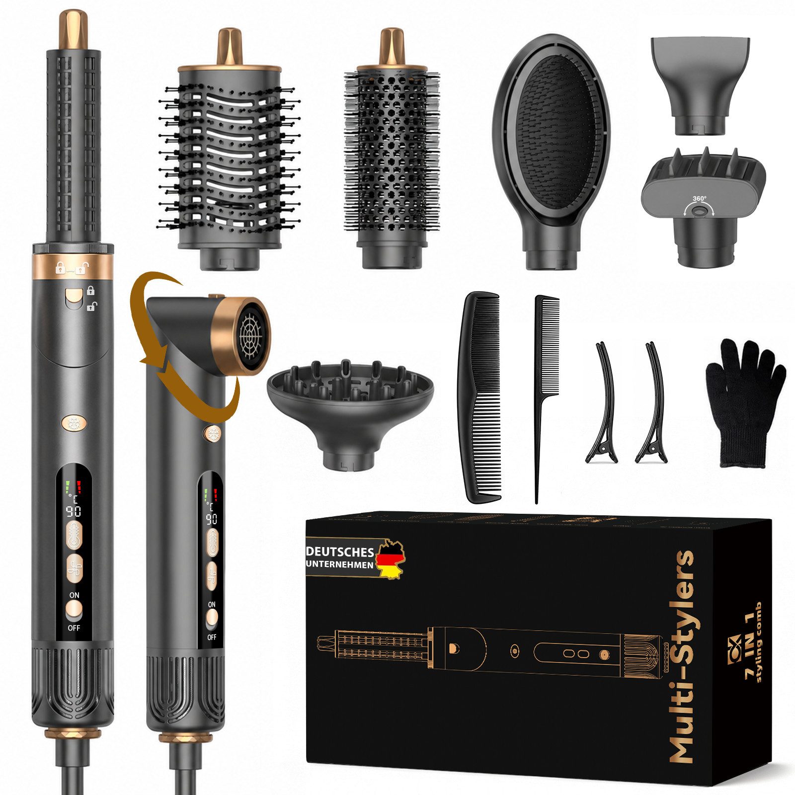 SWGOTA Multihaarstyler 7 in 1 Hairstyler -Trocknen,Glätten,Locken & Volumen Warmluftbürste, 200Mio. Ionen gegen Frizz,1300W,110.000 U/min Motor & 40 m/s Luftstrom