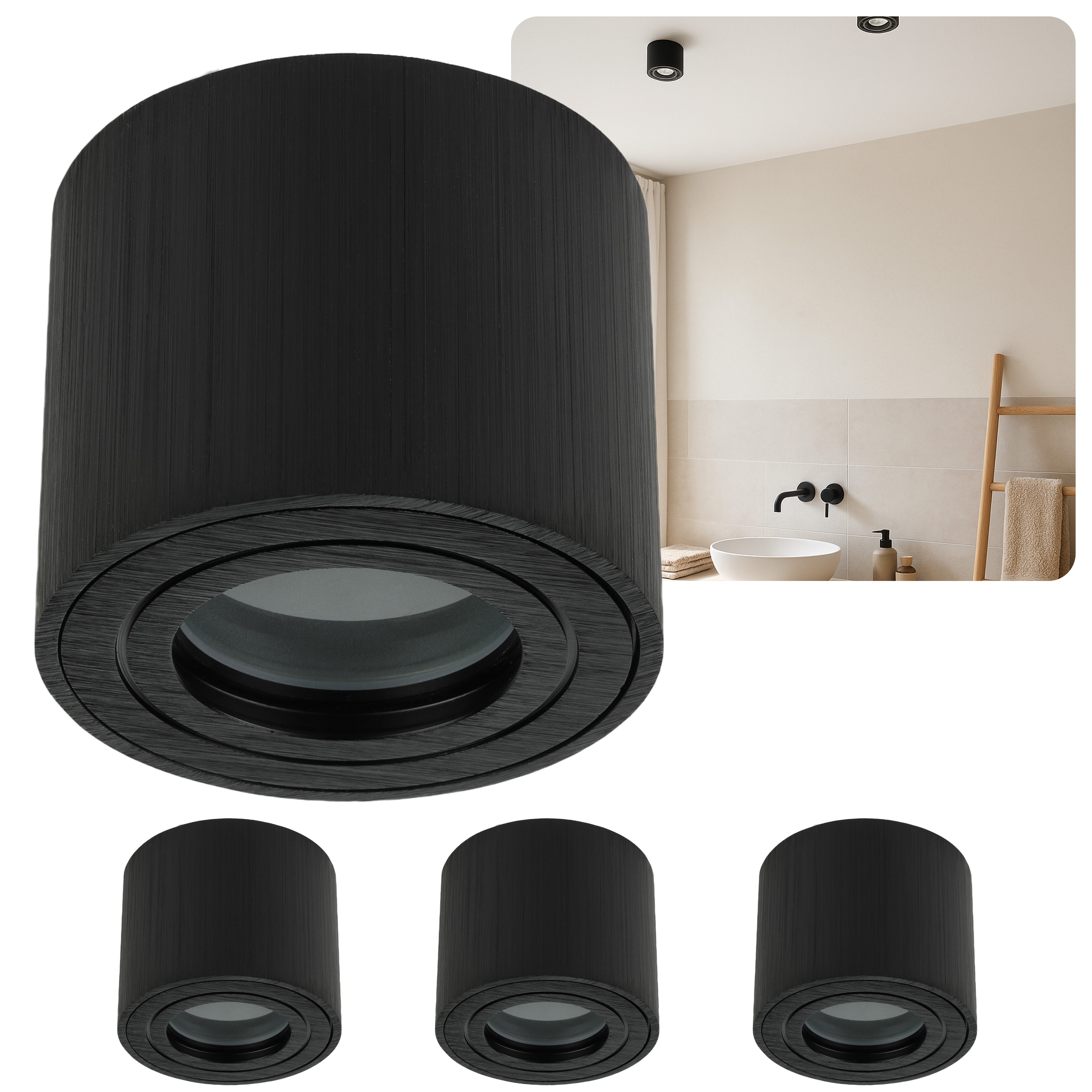 Sweet LED Aufbauleuchte 4er Set flach IP44 Aluminium Deckenspots rund für Bad & Küche schwarz, ohne Leuchtmittel, Aufbaustrahler LED, Aufbauspot, Deckenstrahler