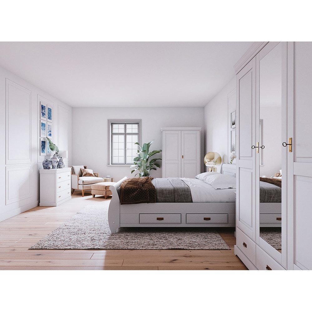 Lomadox Schlafzimmer-Set TERMOLI-163, (Spar-Set, 6-tlg., Bettgestell Nachttische Kleiderschrank Wäscheschrank Kommode), Kiefer massiv in weiß, 180 cm Liegefläche, viel Stauraum