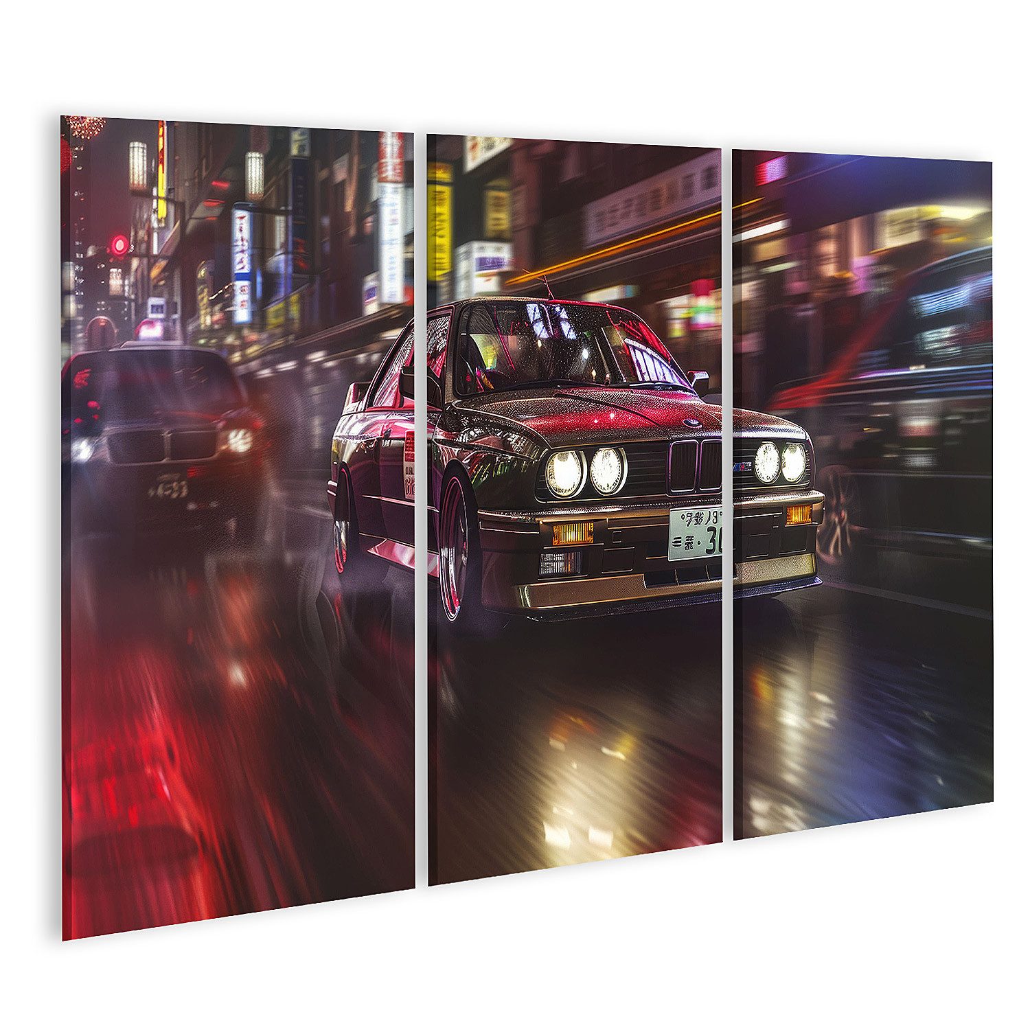 islandburner Leinwandbild, Klassischer BMW in der neonbeleuchteten Stadtgeschwindigkeit