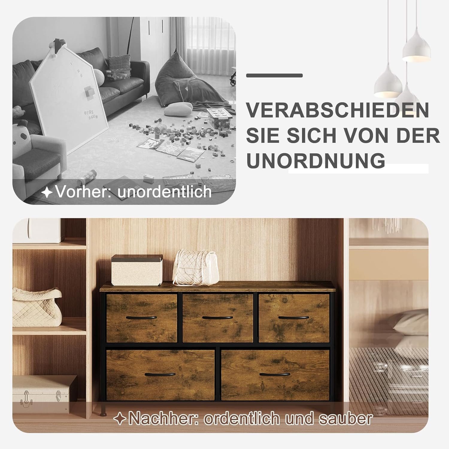 Woltu Kommode, aus Metallrahmen Holzwerkstoff, mit 5 Schubladen aus Stoff