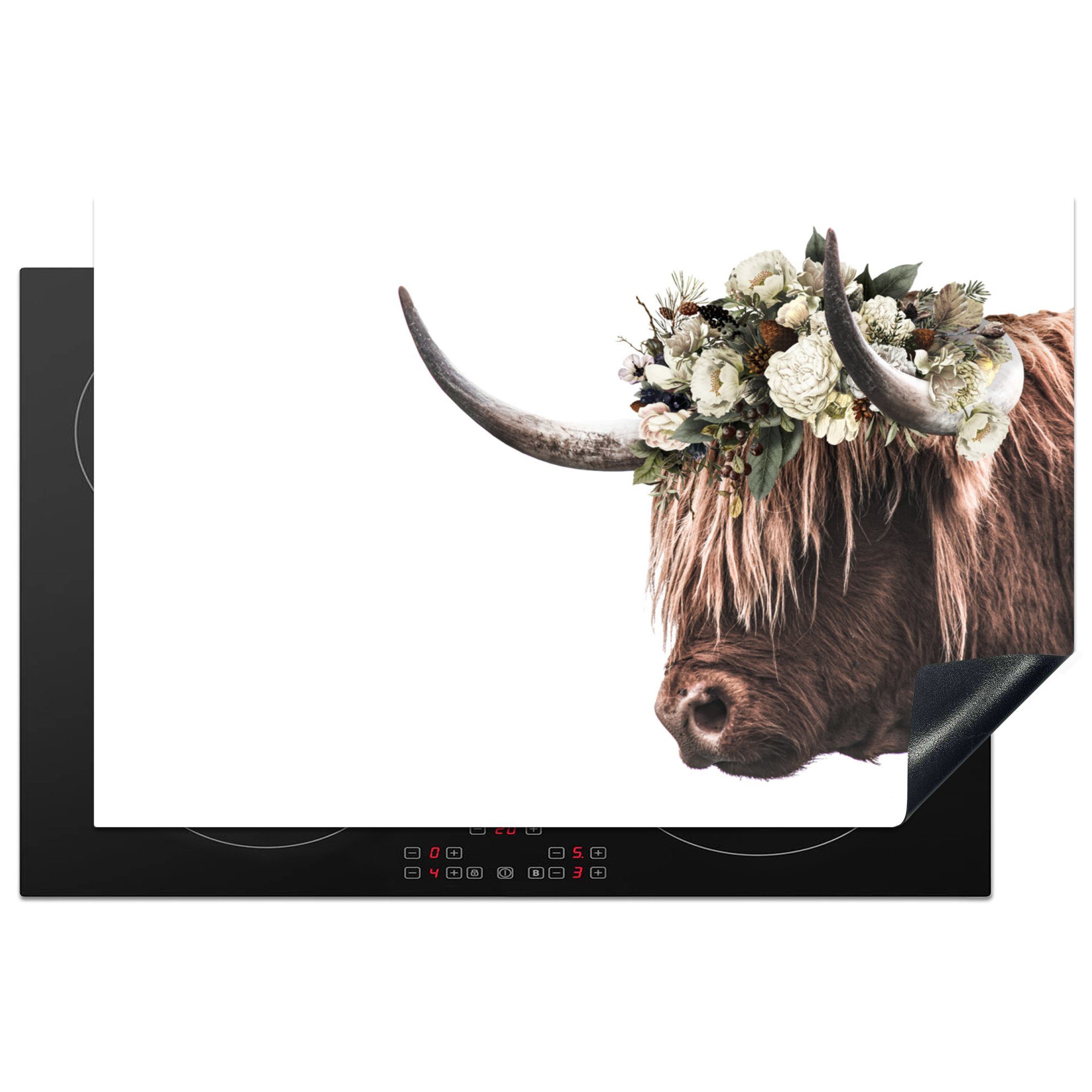 MuchoWow Herdblende-/Abdeckplatte Schottischer Highlander - Kuh - Blumen, Vinyl, (1 tlg), 81x52 cm, Induktionskochfeld Schutz für die küche, Ceranfeldabdeckung