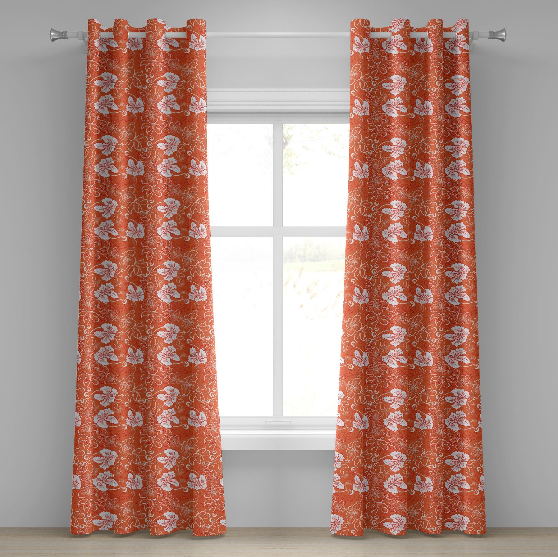orange Dekorative Abakuhaus, Tropical Hibiscus für 2-Panel-Fenstervorhänge Schlafzimmer Burnt Gardine Wohnzimmer,