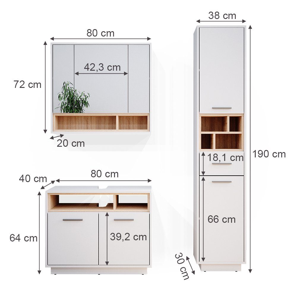 Vicco Badmöbel-Set Beatrice, Weiß/Sonoma, 3 Teile, mit Hochschrank, (3-er Set, 3-St., 3er Set)