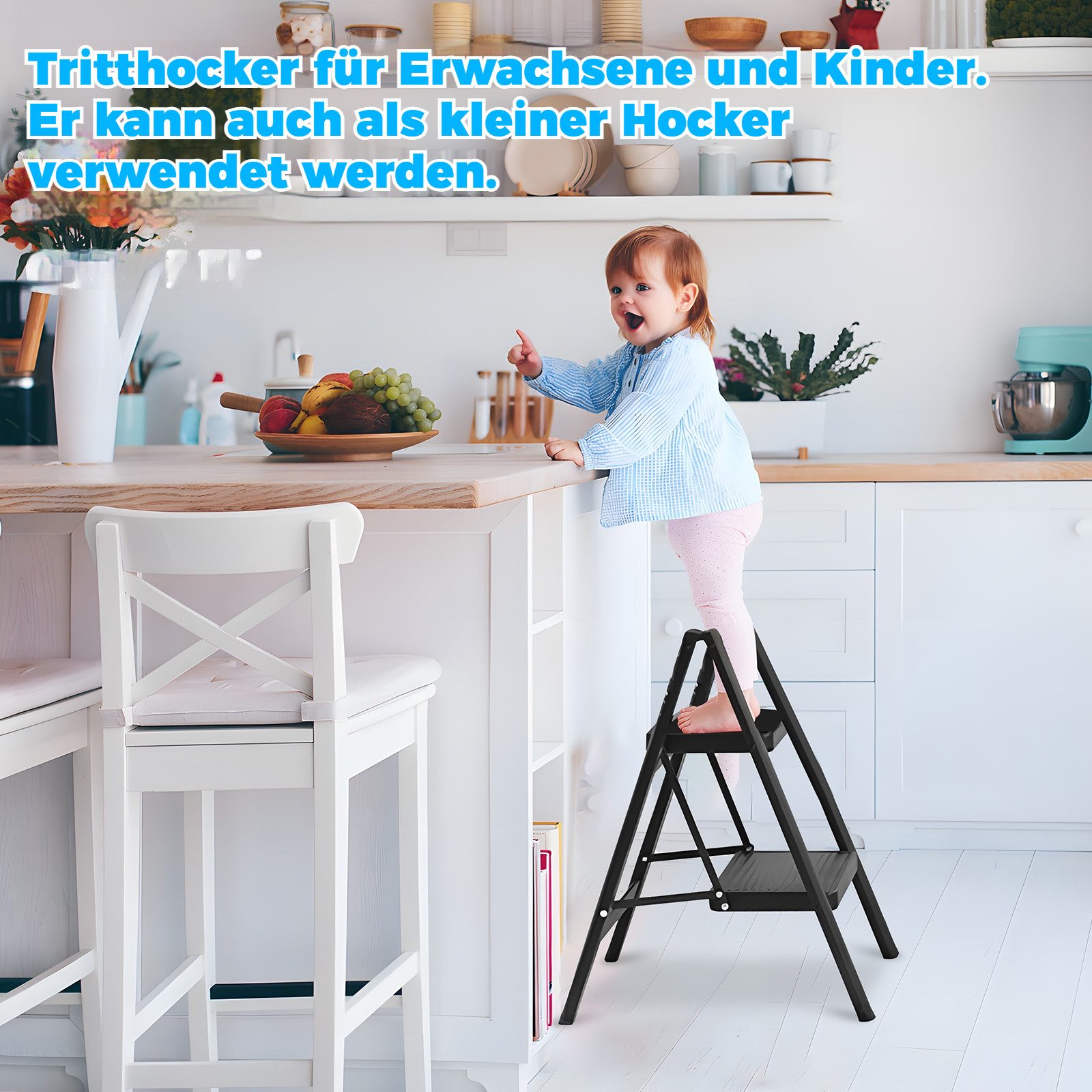 BlingBin Trittleiter 2 / 3 / 4 Stufen klappbare Küchenleiter mit breiten Stufen (1er Set, 1-St., 39*45*54 cm(T x B x H), Antirutsch-Oberfläche, belastbar bis 150 kg für Haushalt & Büro