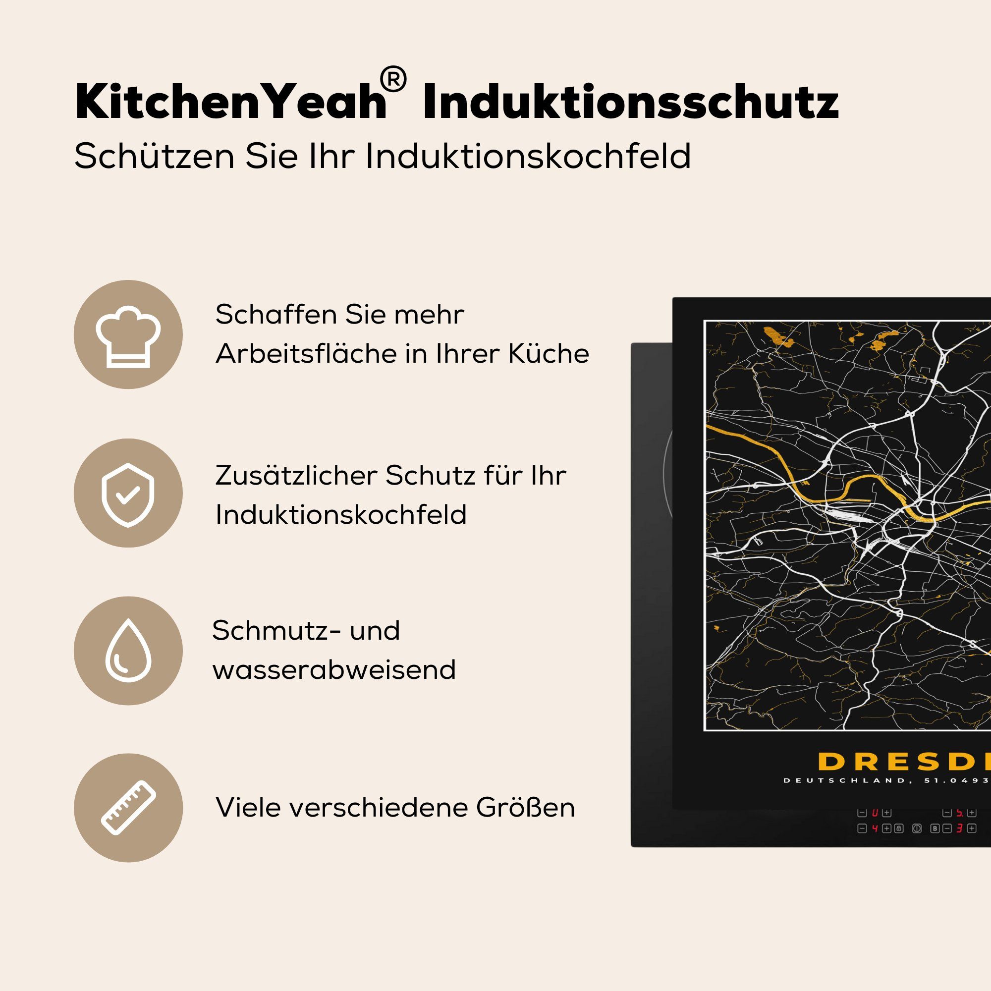 - Ceranfeldabdeckung, küche Stadtplan tlg), (1 - Herdblende-/Abdeckplatte Gold - Vinyl, Dresden - für cm, Deutschland, Karte MuchoWow Arbeitsplatte 78x78