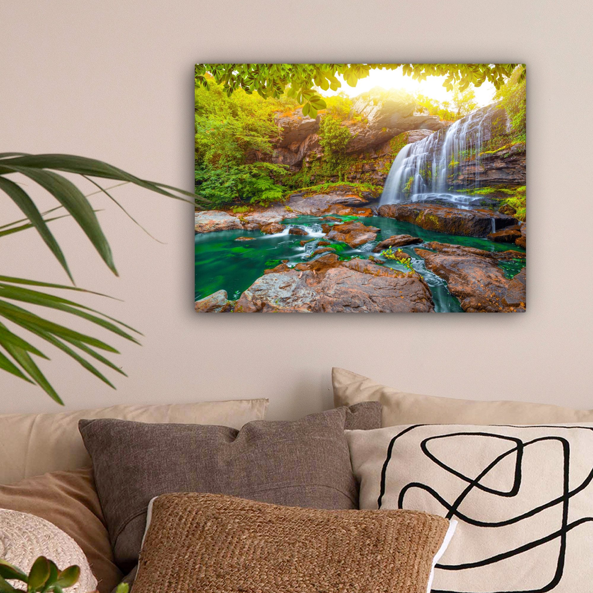 OneMillionCanvasses® Leinwandbild Natur - Wasserfall - Pflanzen - Bäume - Sonne, Fotodruck (1 St), Wandbild Leinwandbilder, Aufhängefertig, Wanddeko 40x30 cm