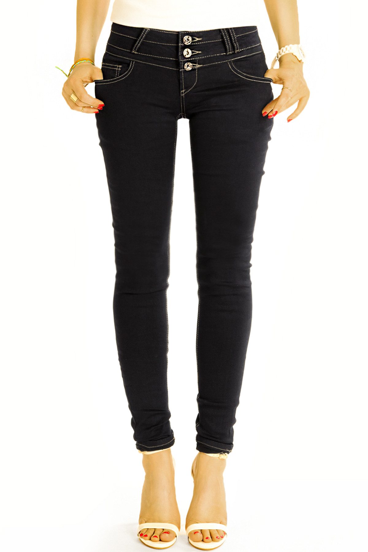 be styled Skinny-fit-Jeans Hüftige Skinny Jeans stretchige Röhrenjeans Drei-Knopf-Bund - j16L-1 Drei-Knopf-Bund
