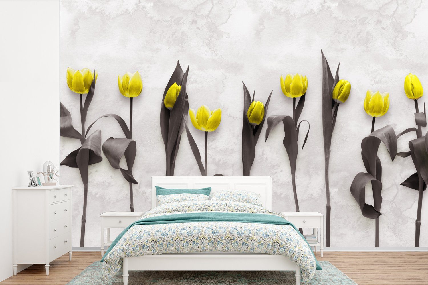 - (6 MuchoWow Marmor, St), Tapete Tulpen für Wohnzimmer, Kinderzimmer, Wallpaper Schlafzimmer, Fototapete Vinyl bedruckt, - Matt, Blumen