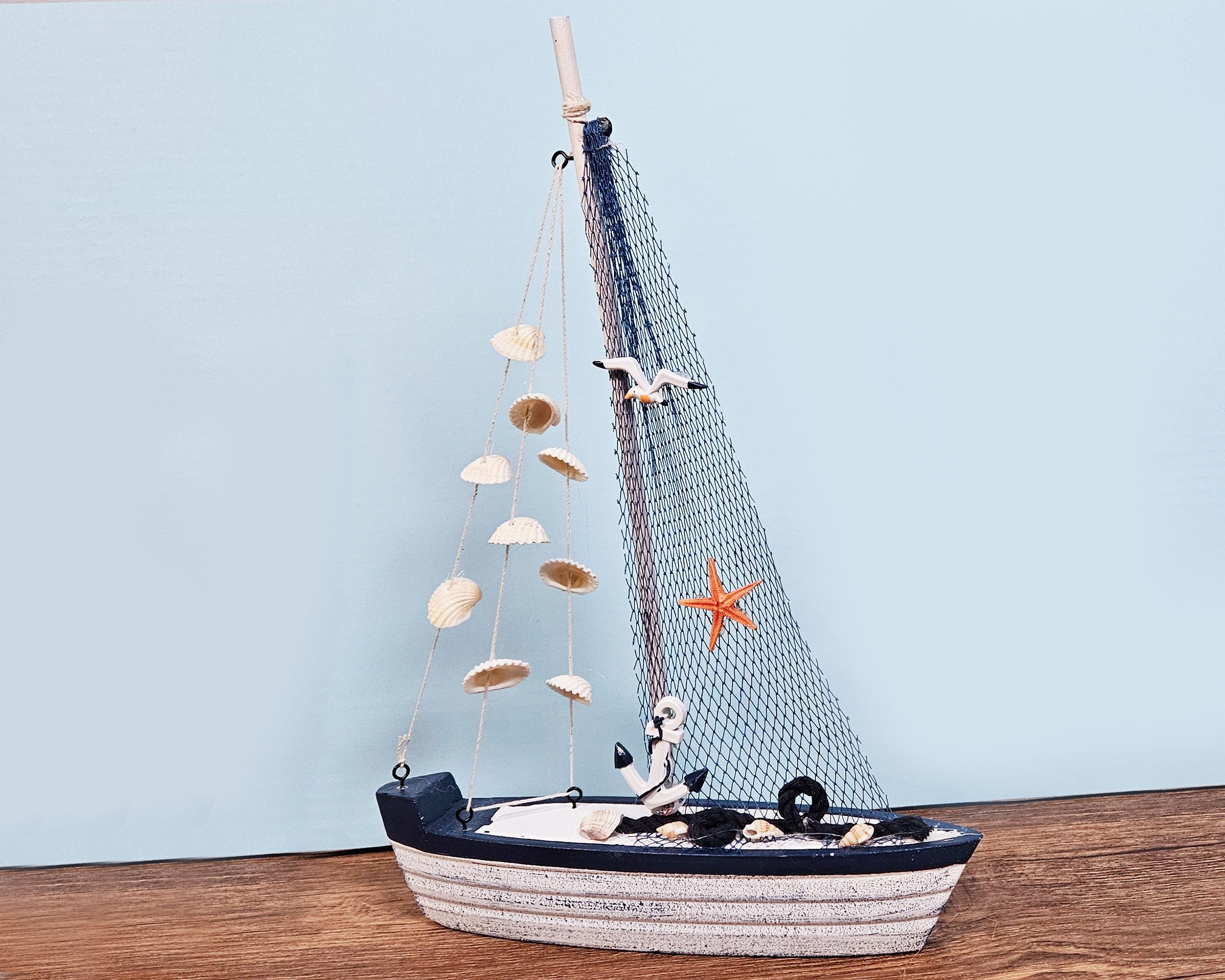 Yudu Dekofigur Deko Segelboot Boot Schiff Holz Seestern Seevögel Muscheln M günstig online kaufen
