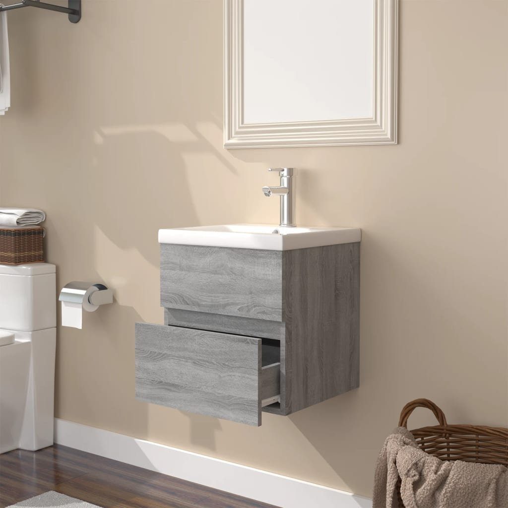 (1-St) vidaXL mit Einbaubecken Badezimmerspiegelschrank Grau Holzwerkstoff Waschbeckenschrank Sonoma
