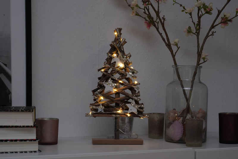 Spetebo LED Dekolicht Holz LED Weihnachtsbaum 37 cm im Naturlook, 2, LED, warmweiß, Holz Deko Tannenbaum mit Sternen und Lametta