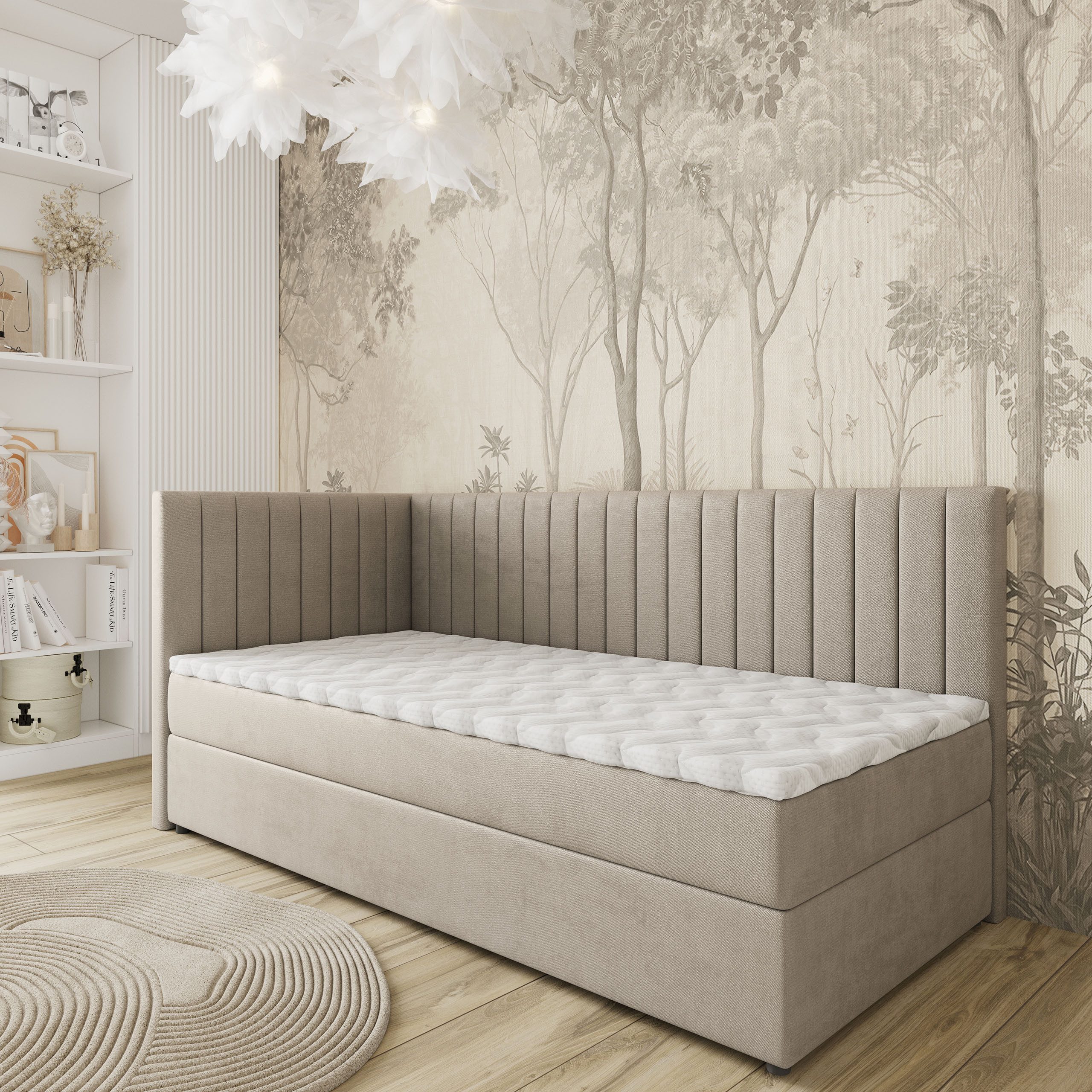 Masseno Boxbett ARIS 100x200 cm mit Bonell Matratze und Topper, Einzelbett, Jugendbett, Polsterbett mit Kopfteil, Boxspringbett