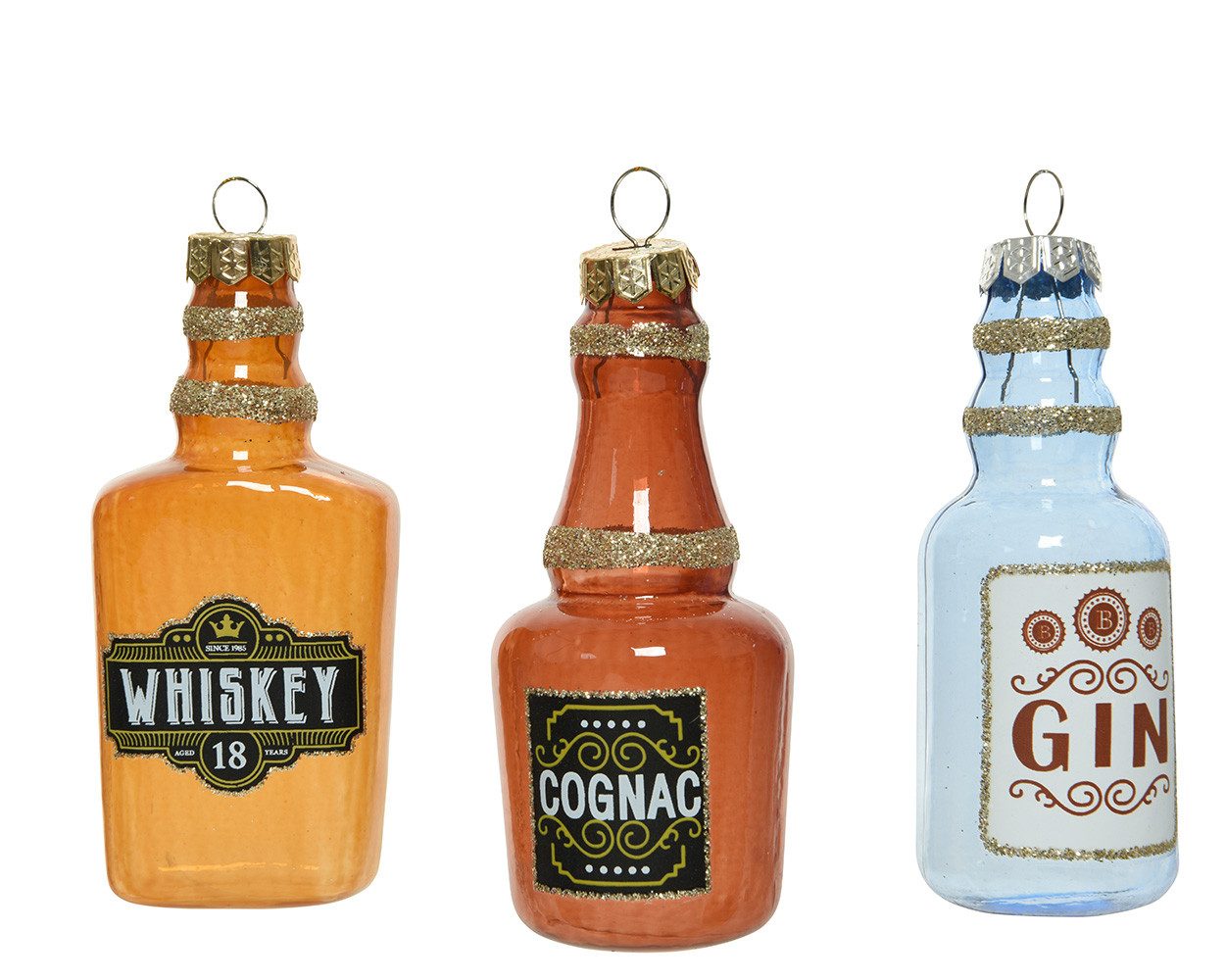 Kaemingk Christbaumschmuck, Christbaumschmuck Glas Cognac / Gin / Whiskey Flaschen 9cm, 3er Set