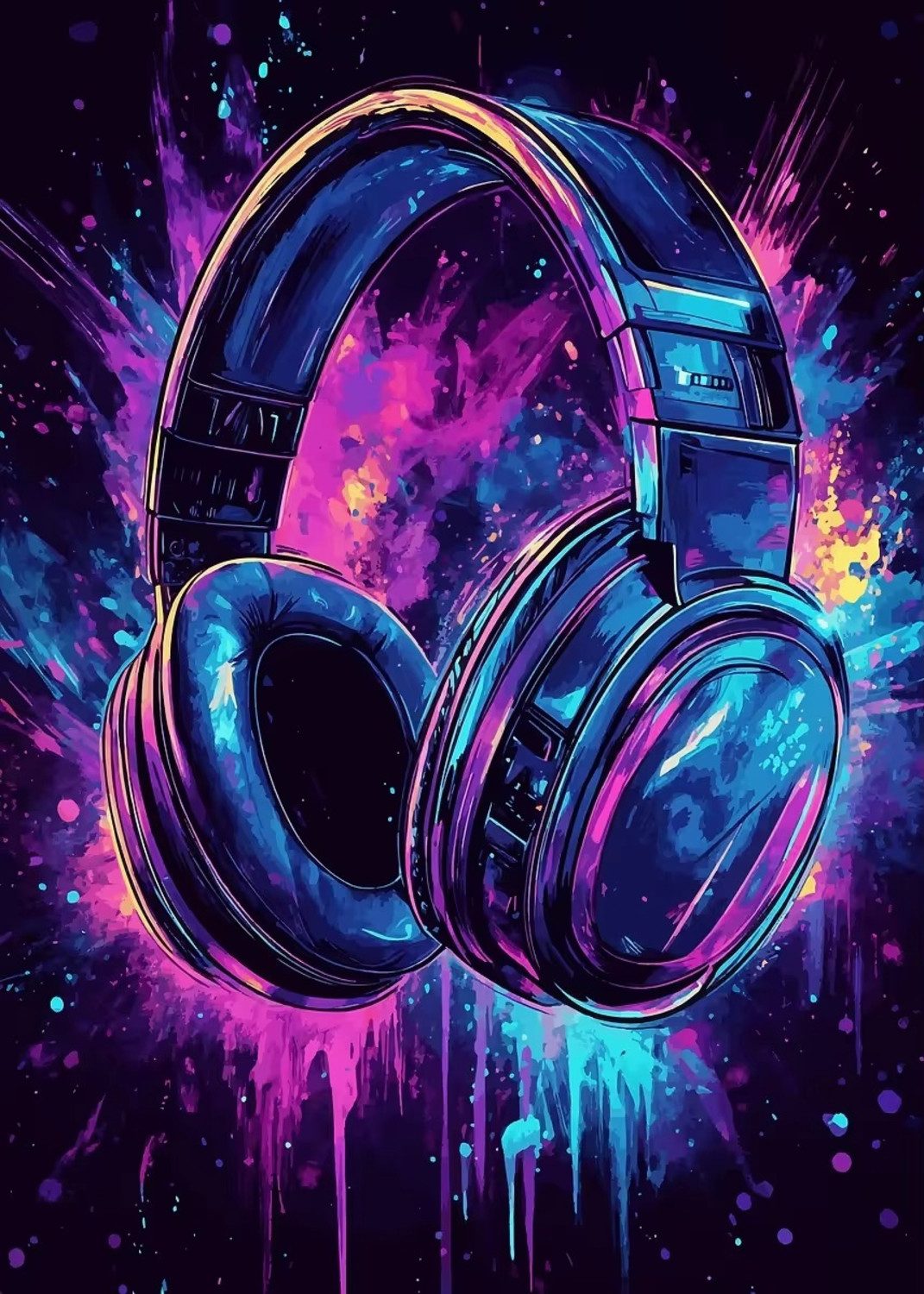 TPFLiving Kunstdruck OHNE RAHMEN, Hot Live Musik - Neon Kopfhörer - DJ Poster - Bunte Boombox - Mikrofon Party - (Leinwandbild XXL), Farben: Farben: schwarz, lila, grün -Größe: 20x30cm
