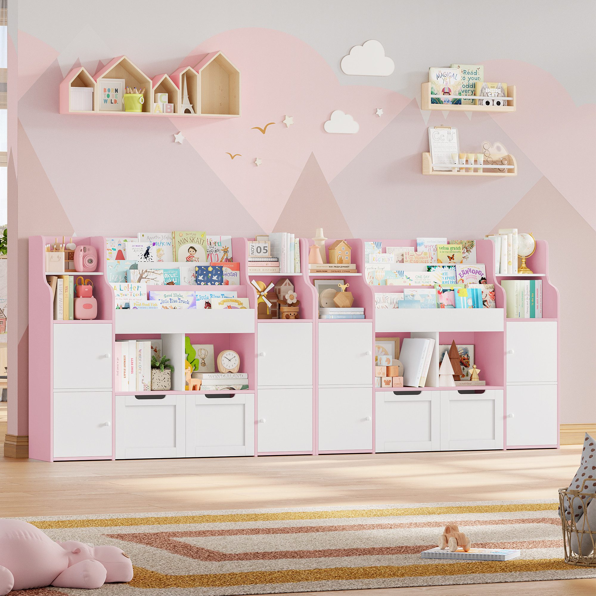 Homfa Kinderregal Spielzeugtruhe mit 2 Schubladen auf Rollen Bücherregal, Kinderbücherregal Spiegelregal mit Tür 126x104x30 cm weiß – Bild 5 von 5