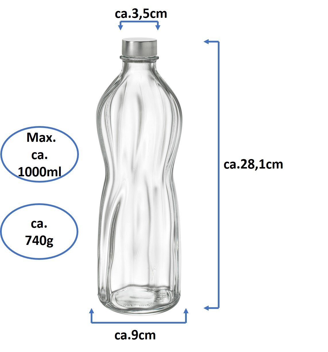 Wasserflaschen 1Liter - Glasflasche Emilja 2 Stück Aqua Trinkflasche