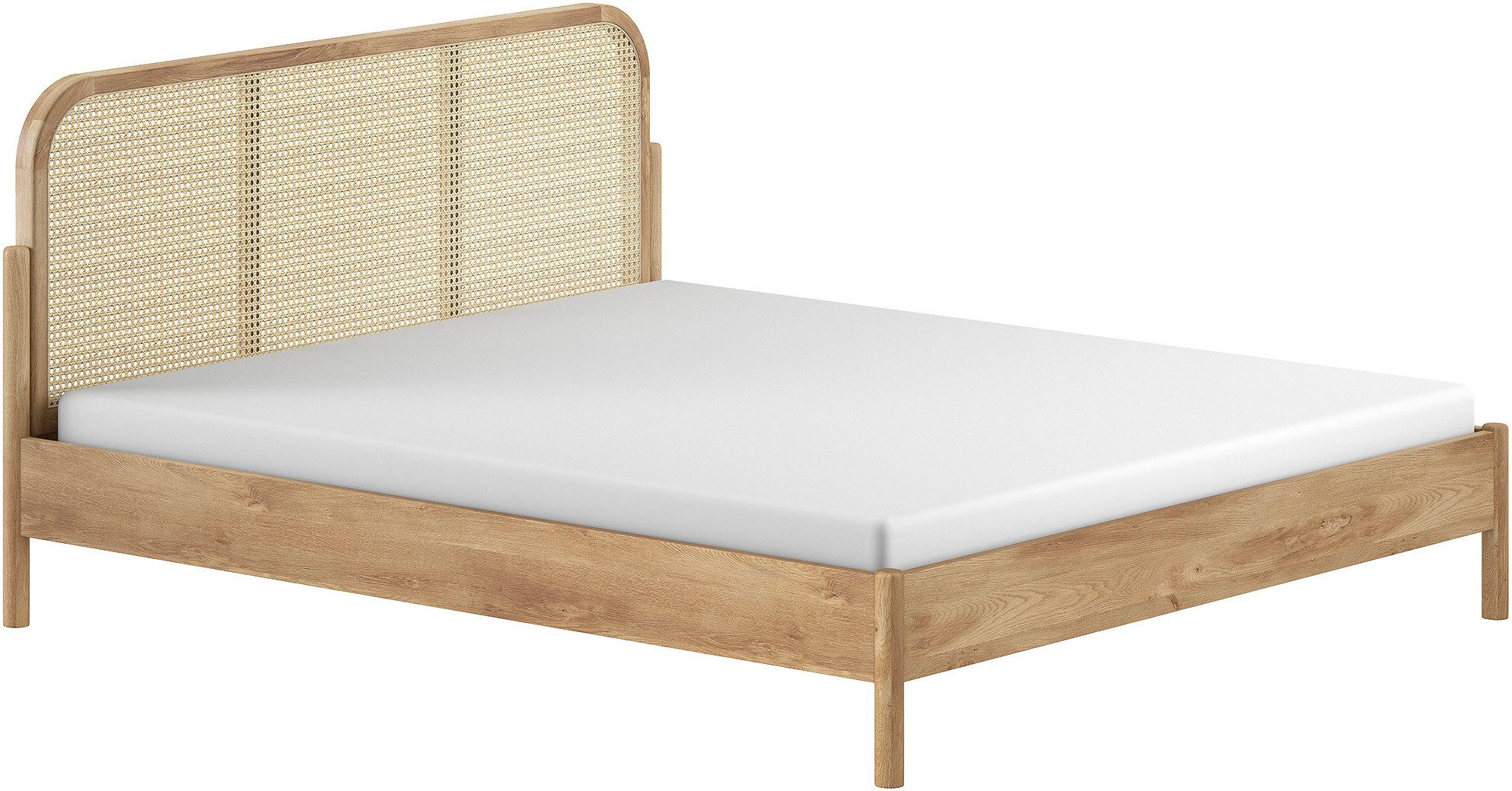 Home affaire Bettgestell Olive, Bettpfosten Eiche massiv und furnierten Bettseiten (mit hochwertigem Rattan-Geflecht Kopfteil, Rahmen Eiche massiv), ohne Lattenrost, mit höhenverstellbarem Rahmenbeschlag, zwei Breiten