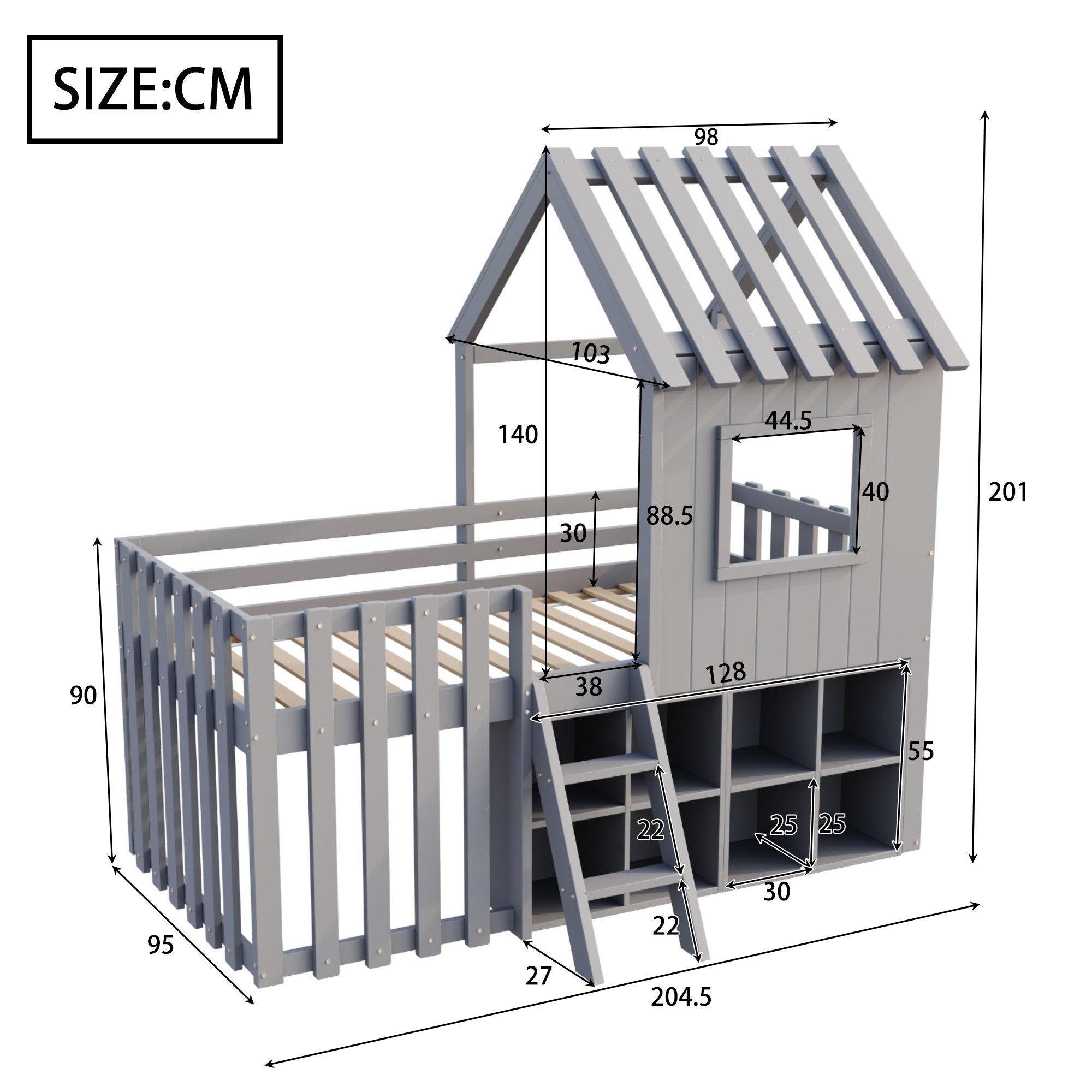 Flieks Hochbett Kinderbett Hausbett 90x200cm mit Dach, Fenster und offenem Stauraum