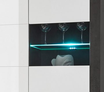 Furn.Design Stauraumvitrine Briard (Vitrinenschrank in weiß Hochglanz und grau, 3-türig, 100 x 198 cm) 10 Fächer