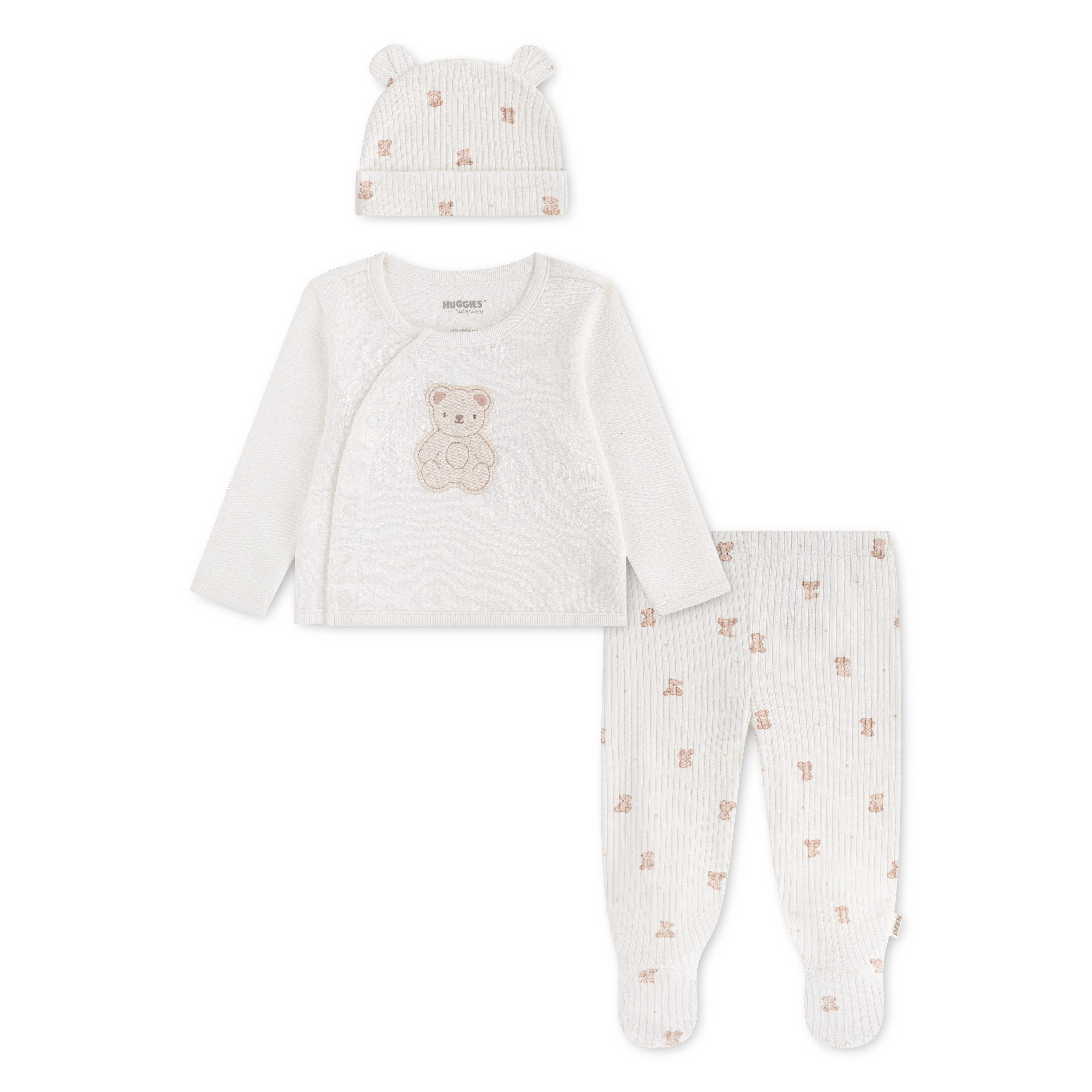 HUGGIES babywear Shirt, Hose, Jacke & Mütze HUGN FOOTED PANT SET + ATTACHM (Set, 3-tlg) 3er Seit Mütze-Jäckchen-Hose mit Füßen und Allover-Prints
