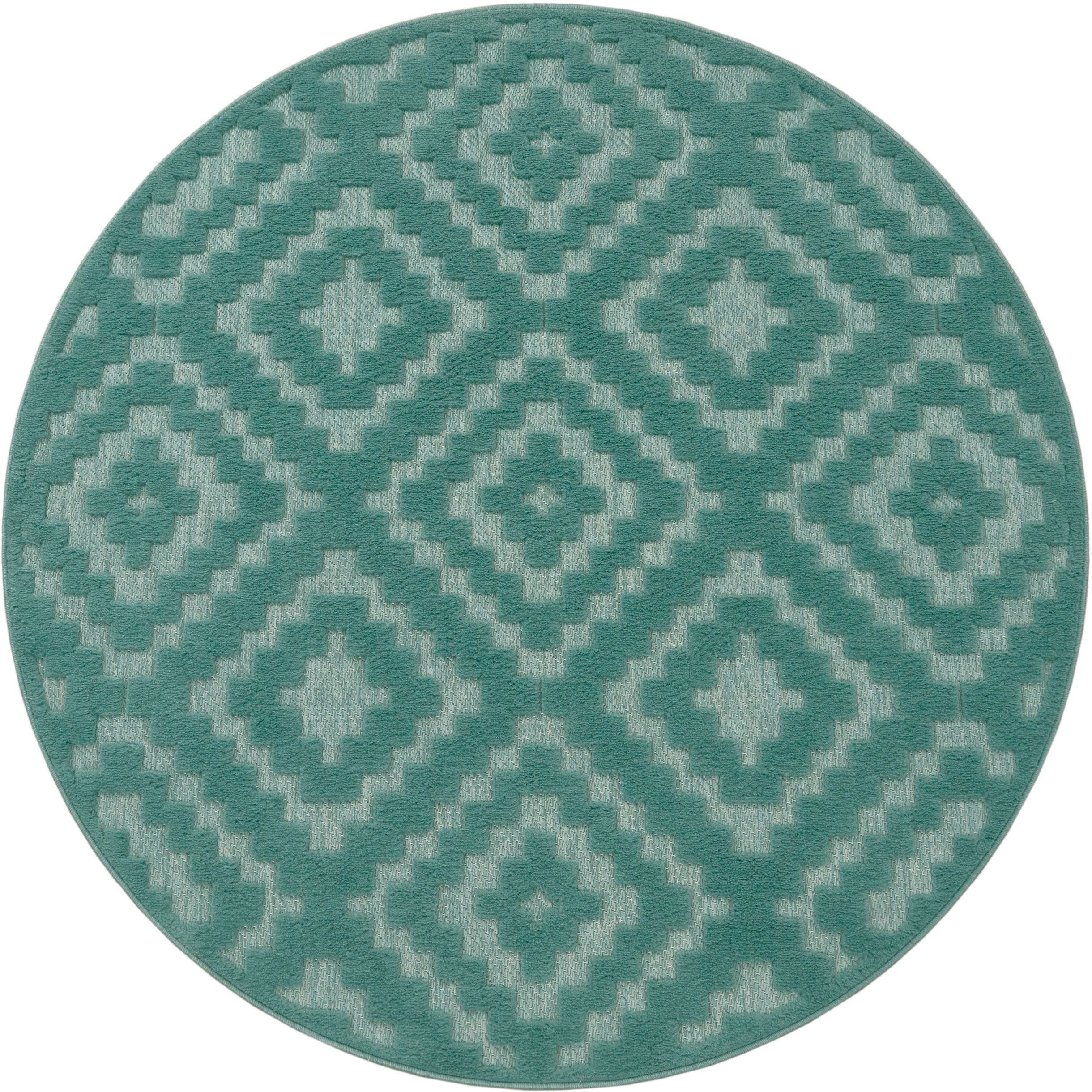 Teppich Livorno Paco rund, Hoch-Tief 14 mm, Effekt, Höhe: Muster, geeignet Uni-Farben, Scandi, türkis Rauten 672, Home, Outdoor