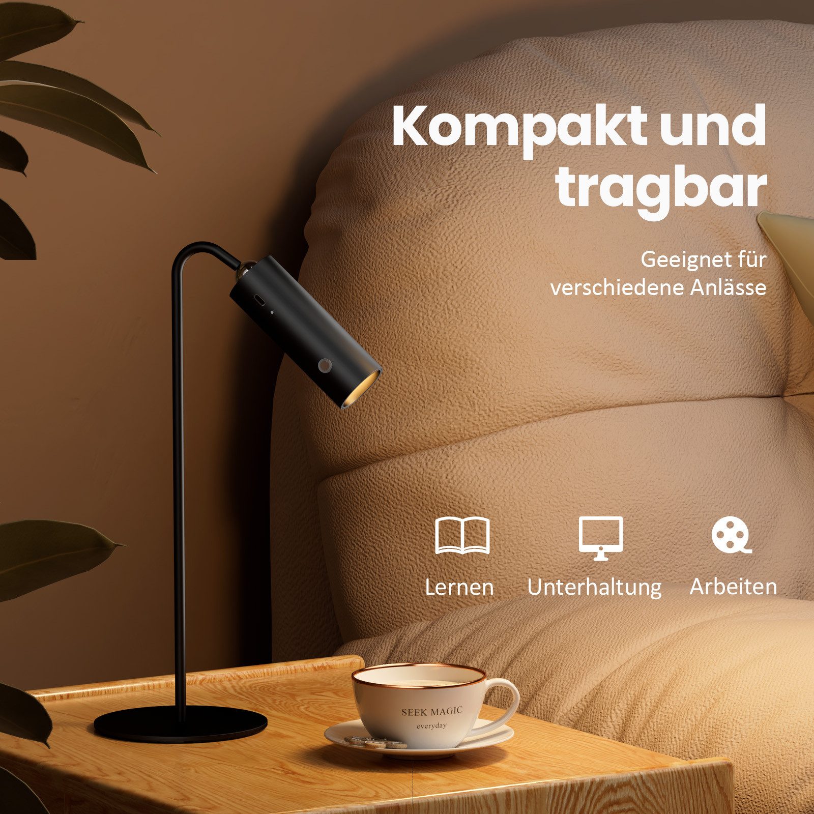 EMKE Nachttischlampe Tischlampe Schreibtischlampe 6-in-1 magnetische Wandleuchte, Dimmbar, LED fest integriert, Neutralweiß, Tagelichtweiß, Warmweiß, Abnehmbare Lichtquelle