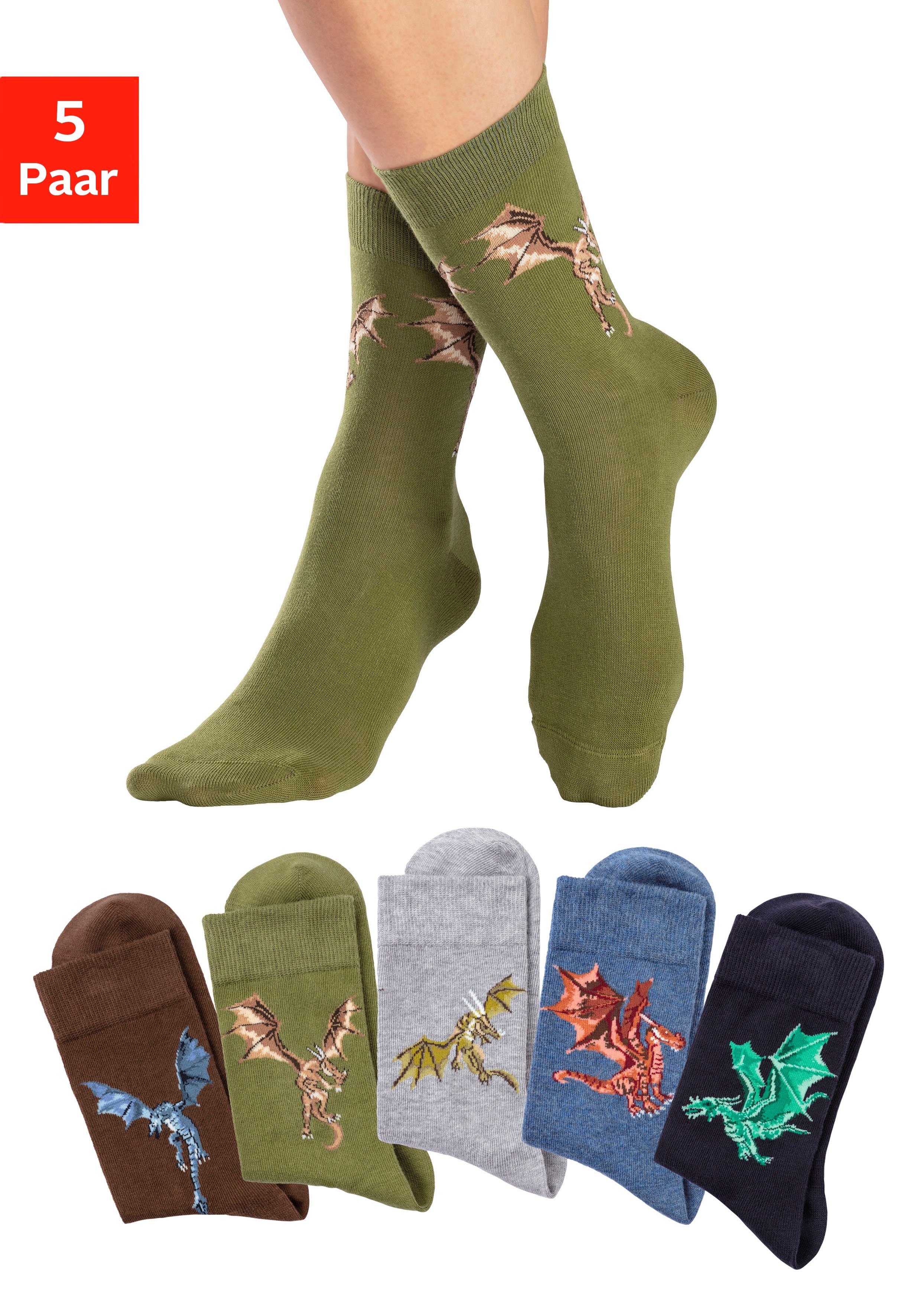 H.I.S Socken (5-Paar) mit unterschiedlichen Motiven Drachen