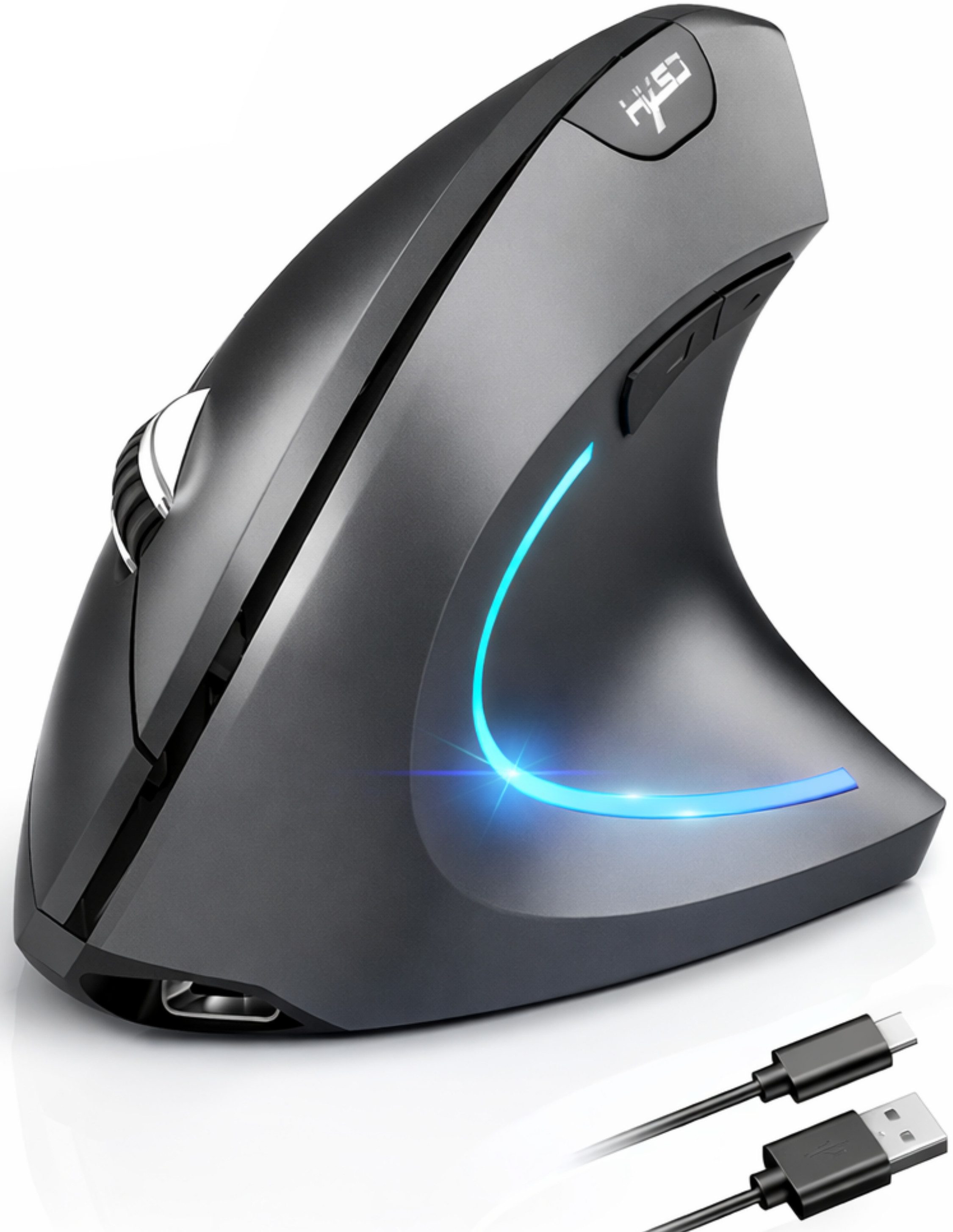 RUHE Ergonomische Maus Kabellose Bluetooth Vertikale Maus Optisch Leise RGB ergonomische Maus (Bluetooth, Funk, kabelgebunden, 2.5G, USB-Dongel, Kabelgebundenes Aufladen, Drahtlos, Optische Maus, Büro, 2400 dpi, Einstellbar DPI Schwarz Weiß Grau 6 Tasten für Laptop/PC/Mac/Computer)