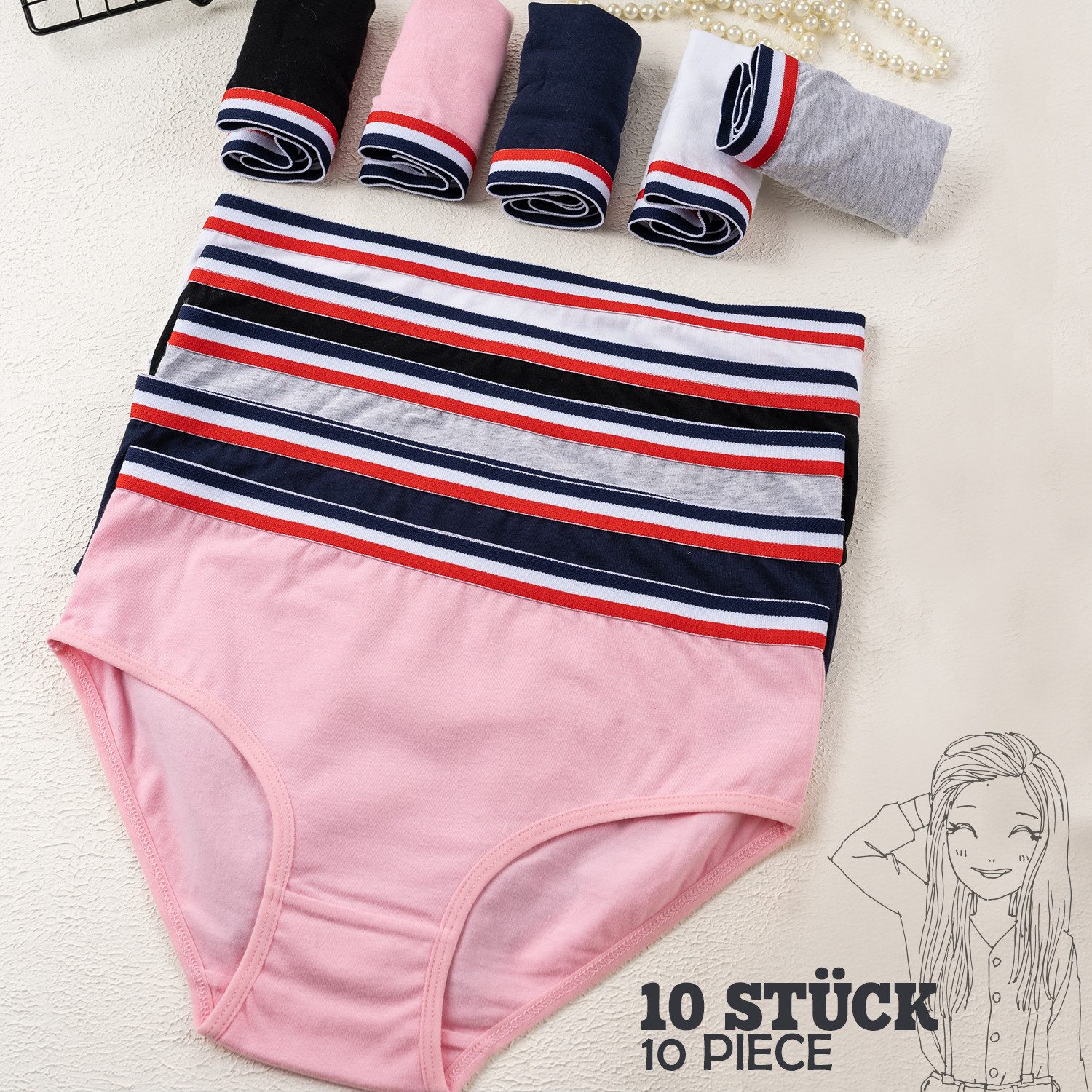 LOREZA Slip 10er Set Mädchen Slips - Streifen - Bunt (Spar-Packung, 10-St)