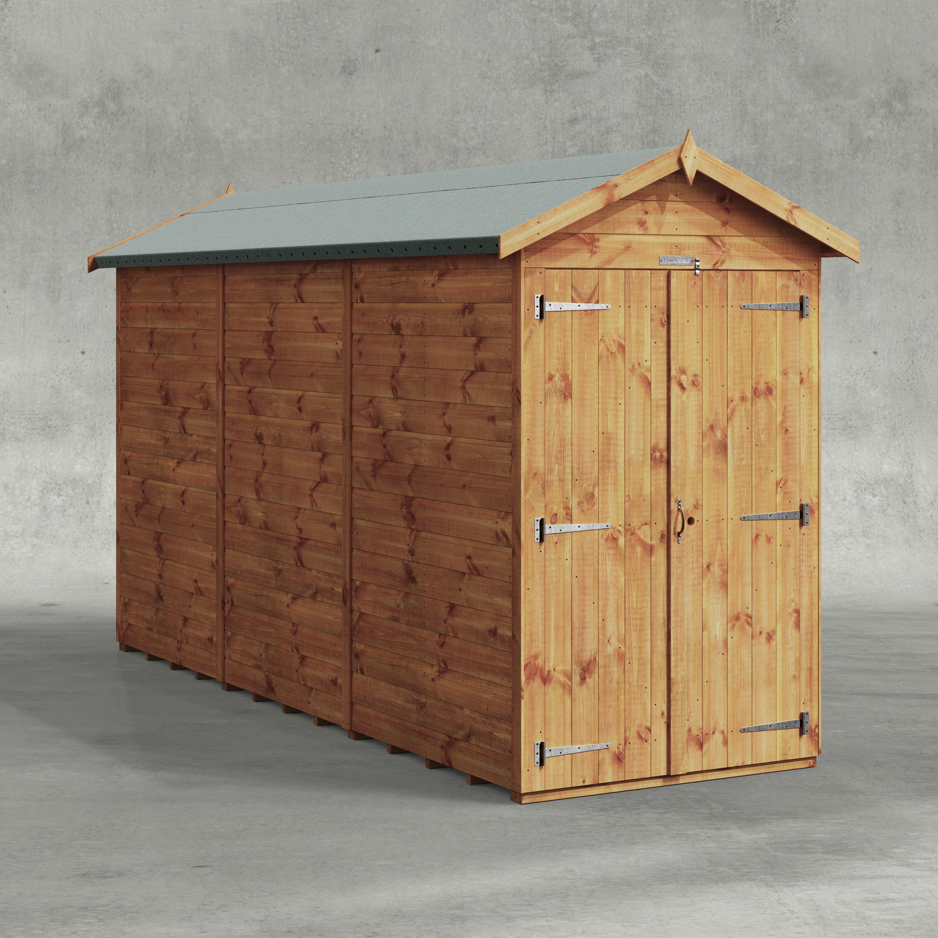 Powersheds Gartenhaus mit Satteldach aus Nut- und Feder Vollholz mit Doppeltür ohne Fenster, BxT: 360x120 cm, (Polyester-verstärkte Dachpappe, gehärtetes Glas, hochwertiges Holz), Hochwertiges Holz