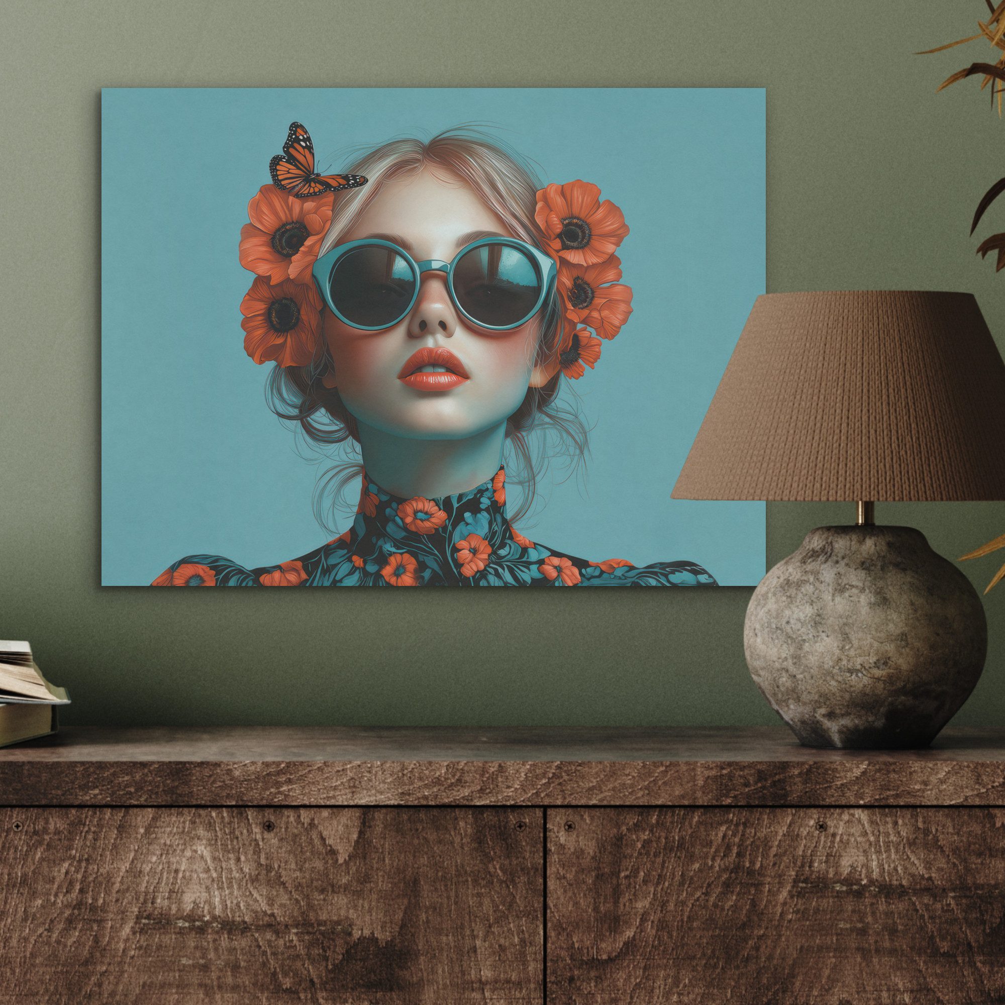 MuchoWow Gemälde Frau - Blau - Schmetterling - Floral - Ästhetisch, Fotodruck (1 St), Akustikpaneele PET-Filz, Akustikbild, Schalldämmung, Deko 40x30 cm