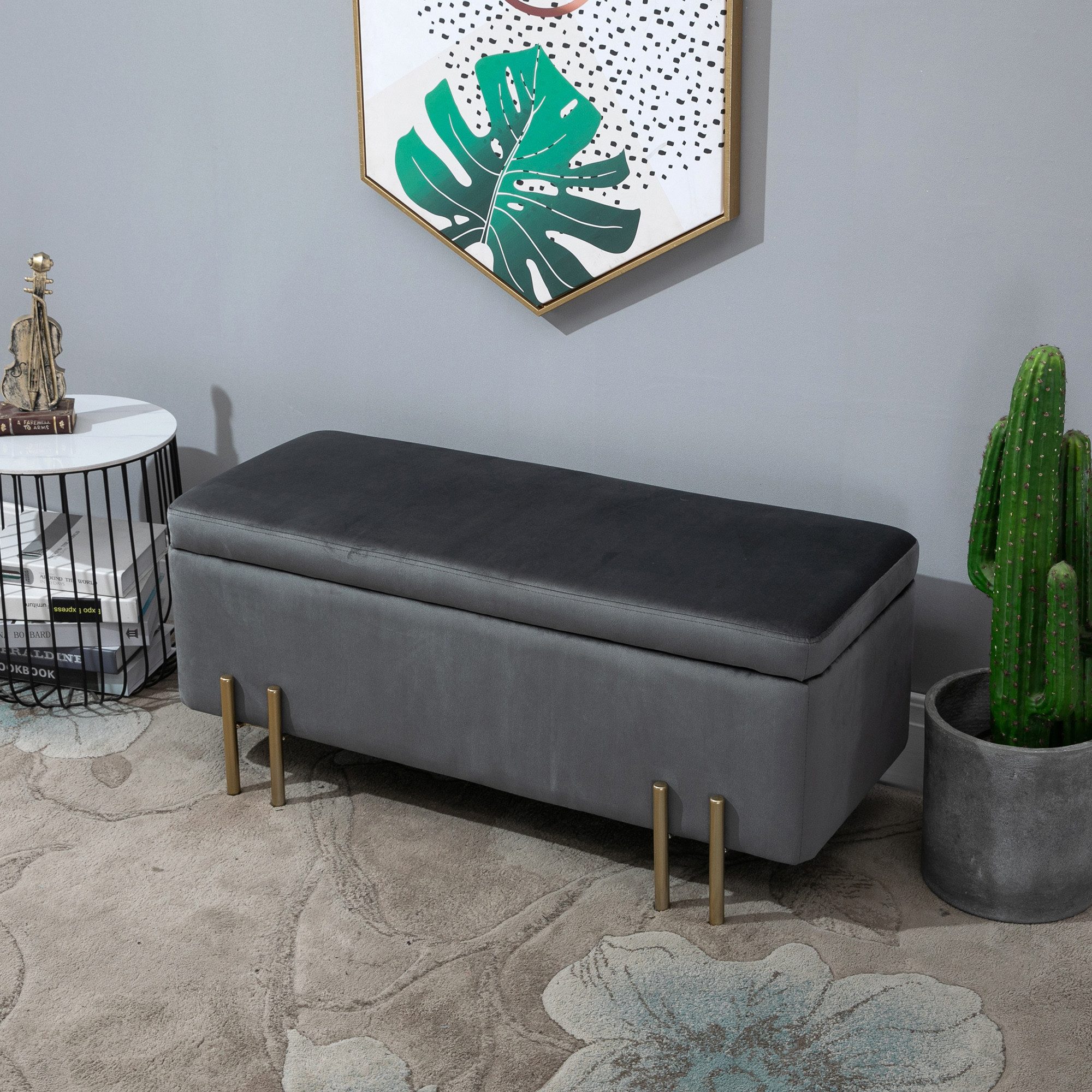 HOMCOM Sitzbank Sitztruhe mit Stauraum mit Samtoptik mit Metallbeine (Polsterbank, 1-St., Truhenbank), Stoff, Metall, Gummiholz, Schaumstoff, Dunkelgrau, 100 x 40 x 42 cm