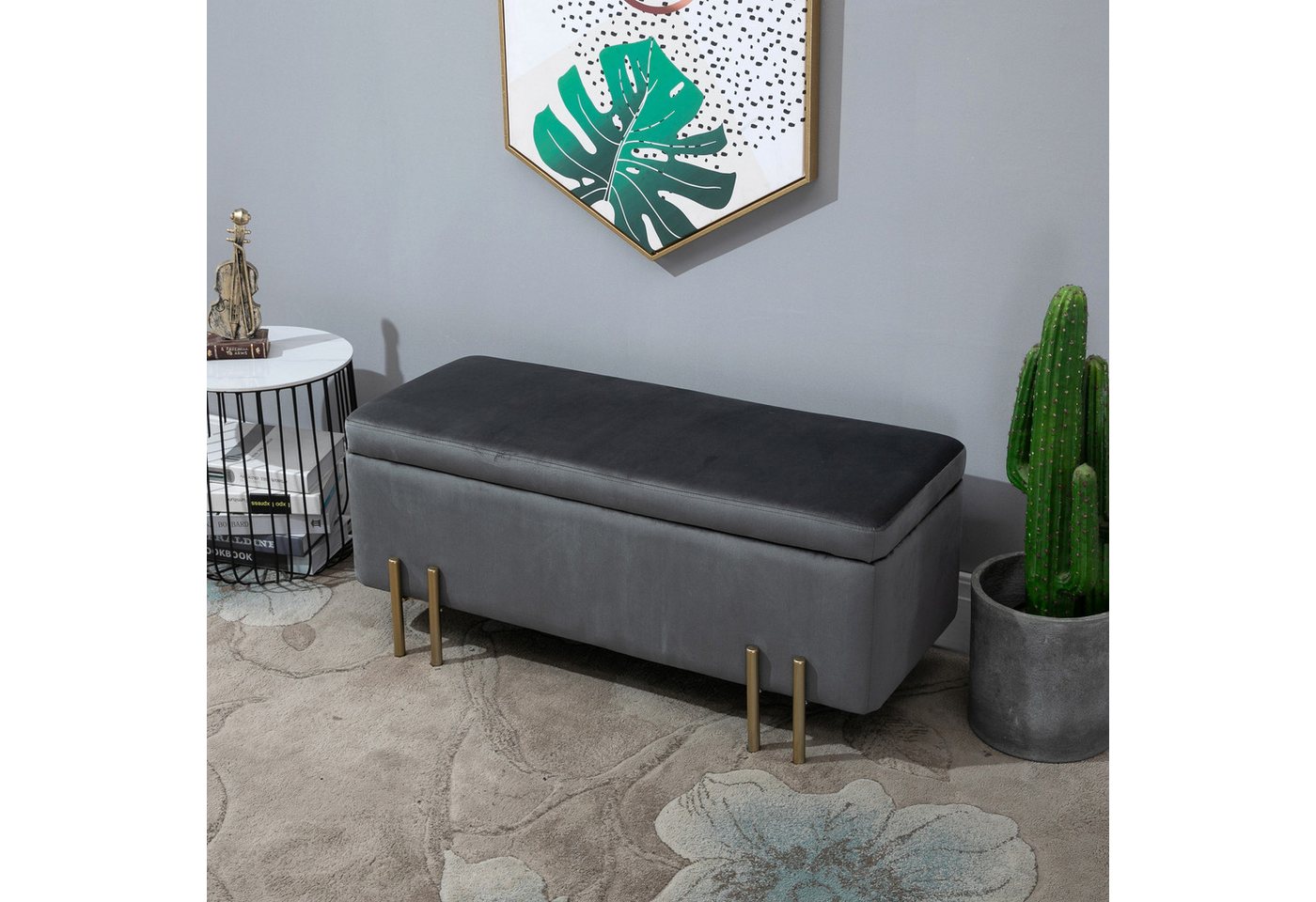 HOMCOM Sitzbank Sitztruhe mit Stauraum mit Samtoptik mit Metallbeine (Polsterbank, 1-St., Truhenbank), Stoff, Metall, Gummiholz, Schaumstoff, Dunkelgrau, 100 x 40 x 42 cm