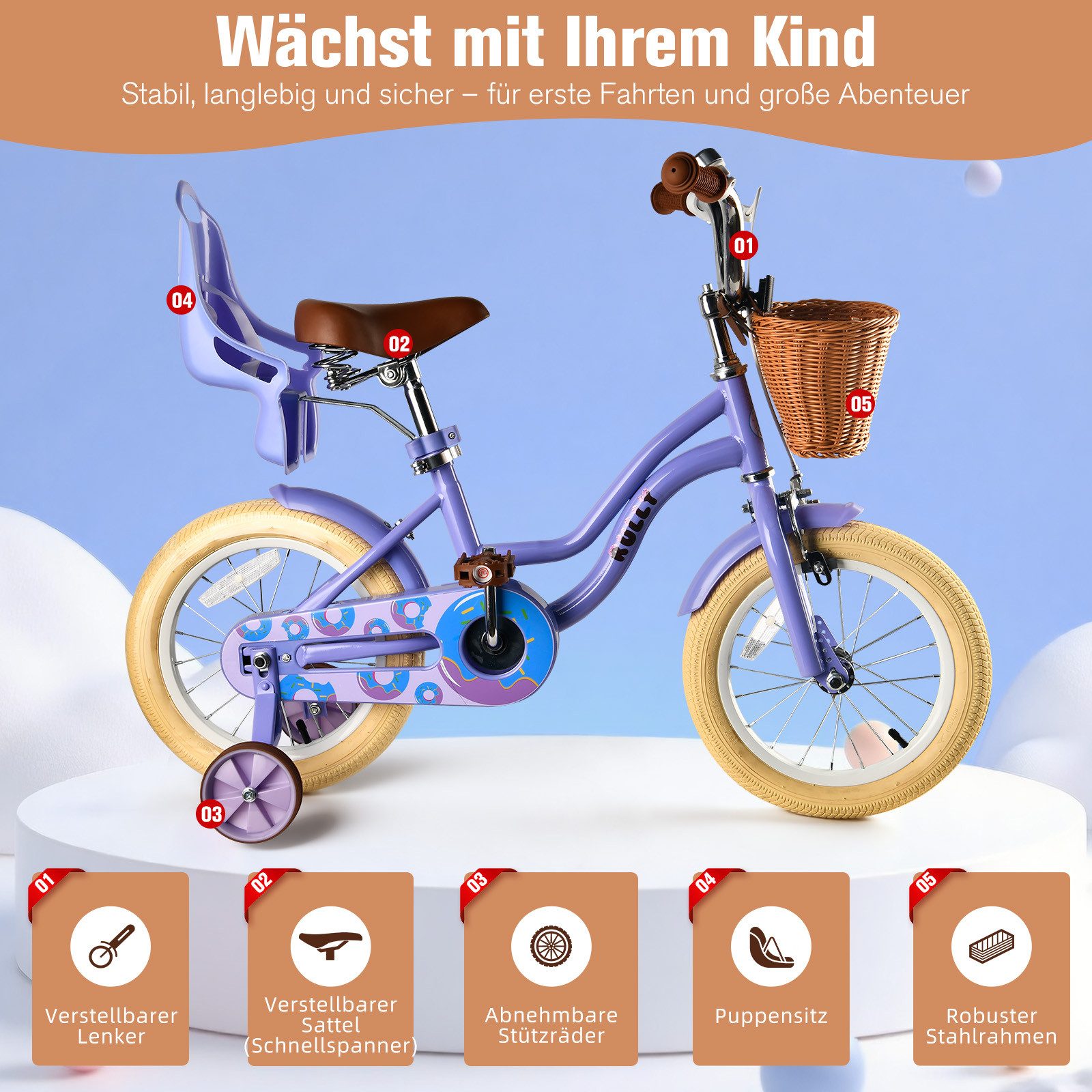 Vankel Kinderfahrrad 12–16 Zoll, Korb, Puppensitz & Stützräder, 1 Gang, für ca. 2–3 Jahre, 81–97 cm