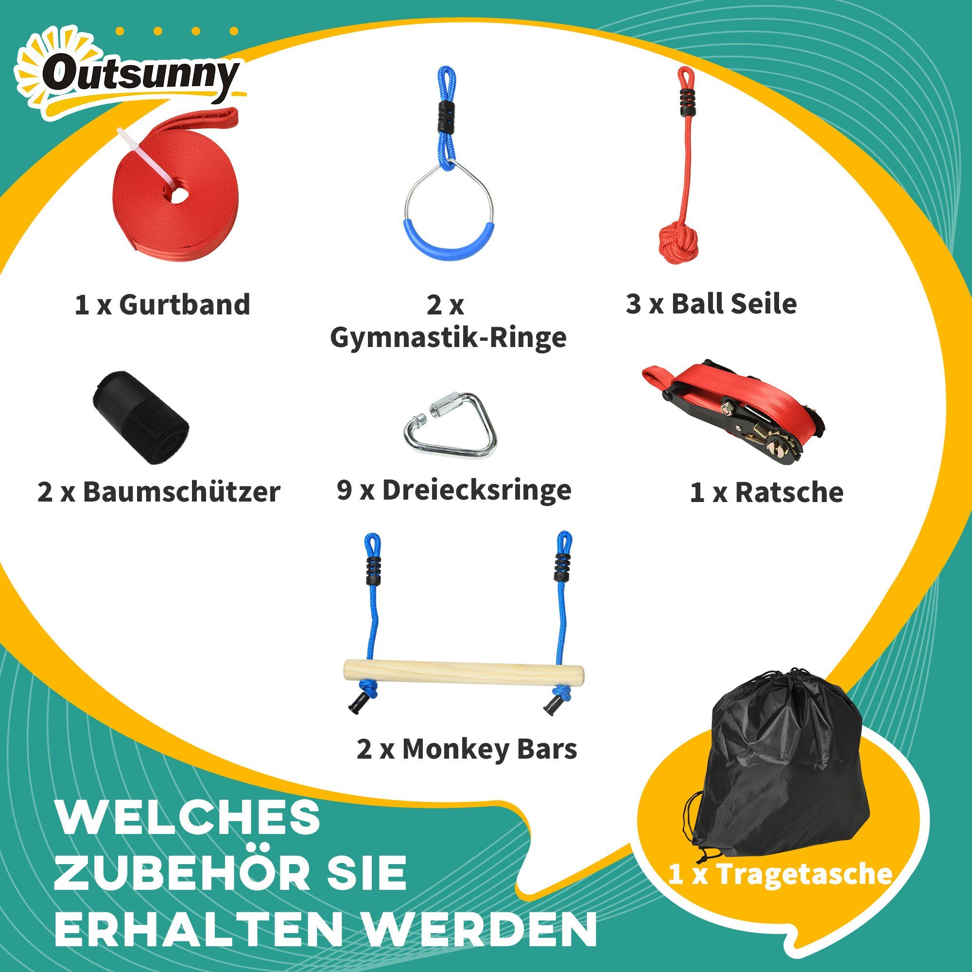 Outsunny Slackline 10 m Seil mit Hindernissen, für Garten, Balkon, Blau+Schwarz+Rot