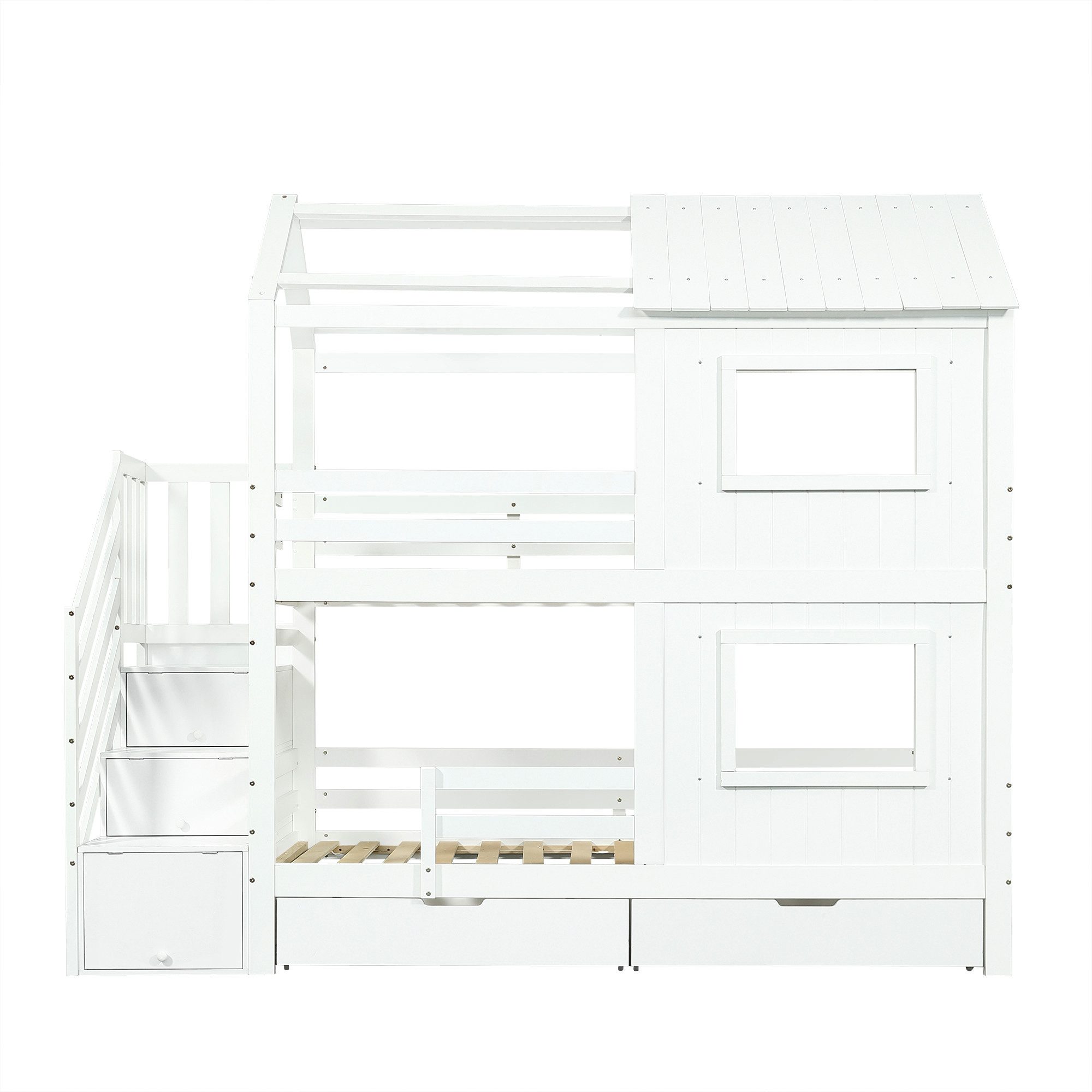 Odikalo Bunk Bed 90x200 Children's Bed with Storage & All-Around Fall Protection (Children's Bed, Staircase Wardrobe with Shelves, Storage Drawer with Wheels, Attractive Windows and Roof, Sturdy Slatted Bases, Pine + MDF + Plywood, White, 90x200cm)
