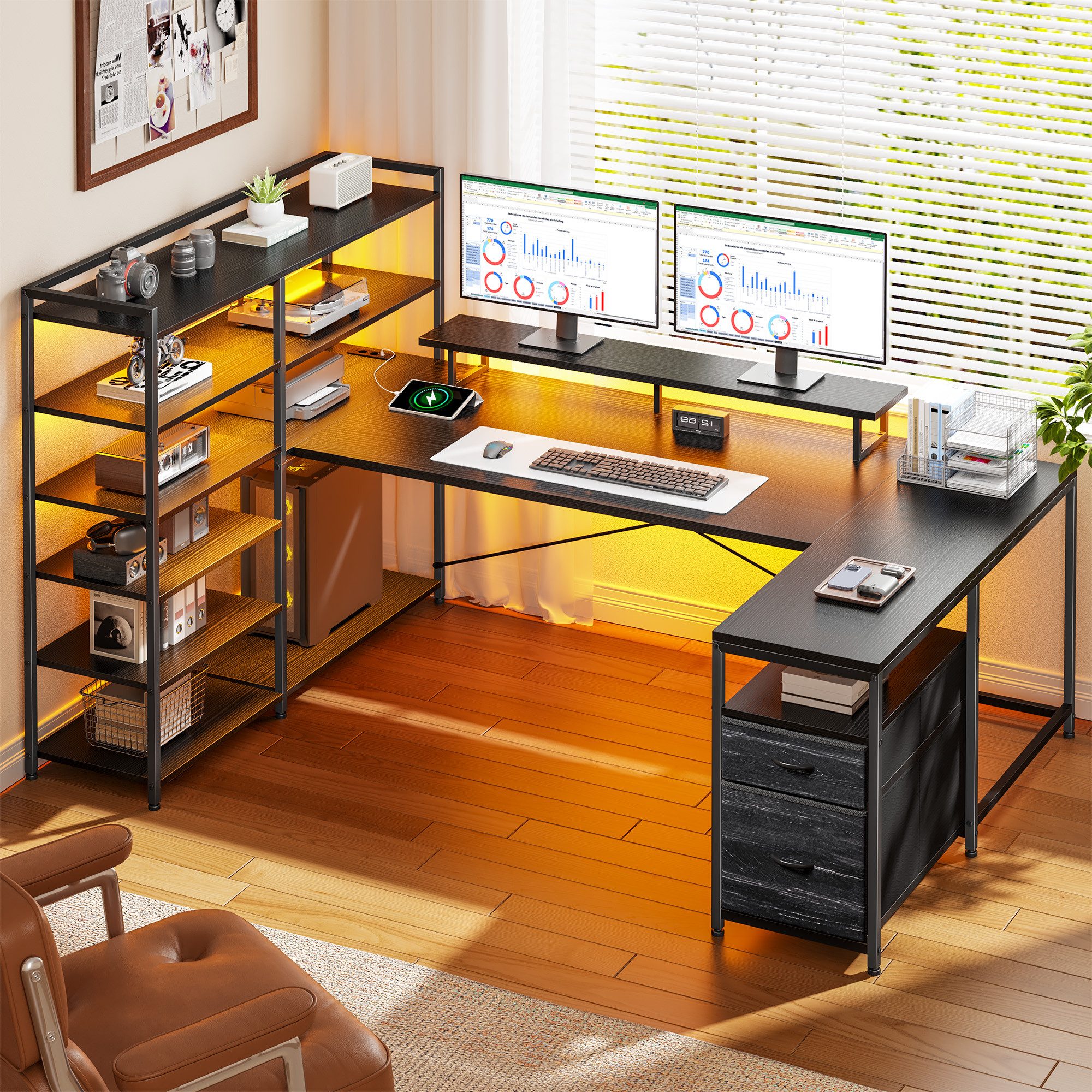 Klyvvo Eckschreibtisch U-Form Schreibtisch mit LED, 2 Schubladen & 6 Regalen (1-St., Monitorhalterung, Steckdosen), Großer Schreibtisch für Homeoffice, Studieren, Gaming