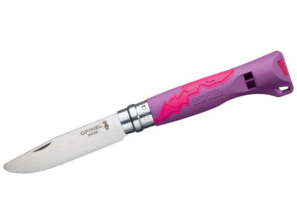 Opinel Taschenmesser Opinel No 07 OUTDOOR JUNIOR violett inkl. Messer-Etui, (mit passendem Messer-Etui, „Mein erstes Schnitzmesser von Opinel), Kinder-Schnitzmesser mit abgerundeter Klingenspitze