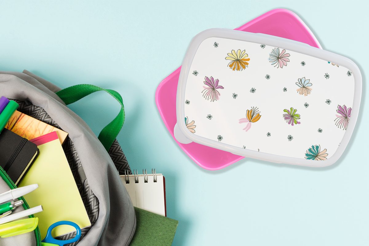 MuchoWow - Brotbox Pastell rosa Lunchbox - - Muster, Flora Kunststoff Kunststoff, Mädchen, Snackbox, Regenbogen Kinder, Blumen Erwachsene, - für (2-tlg), Brotdose
