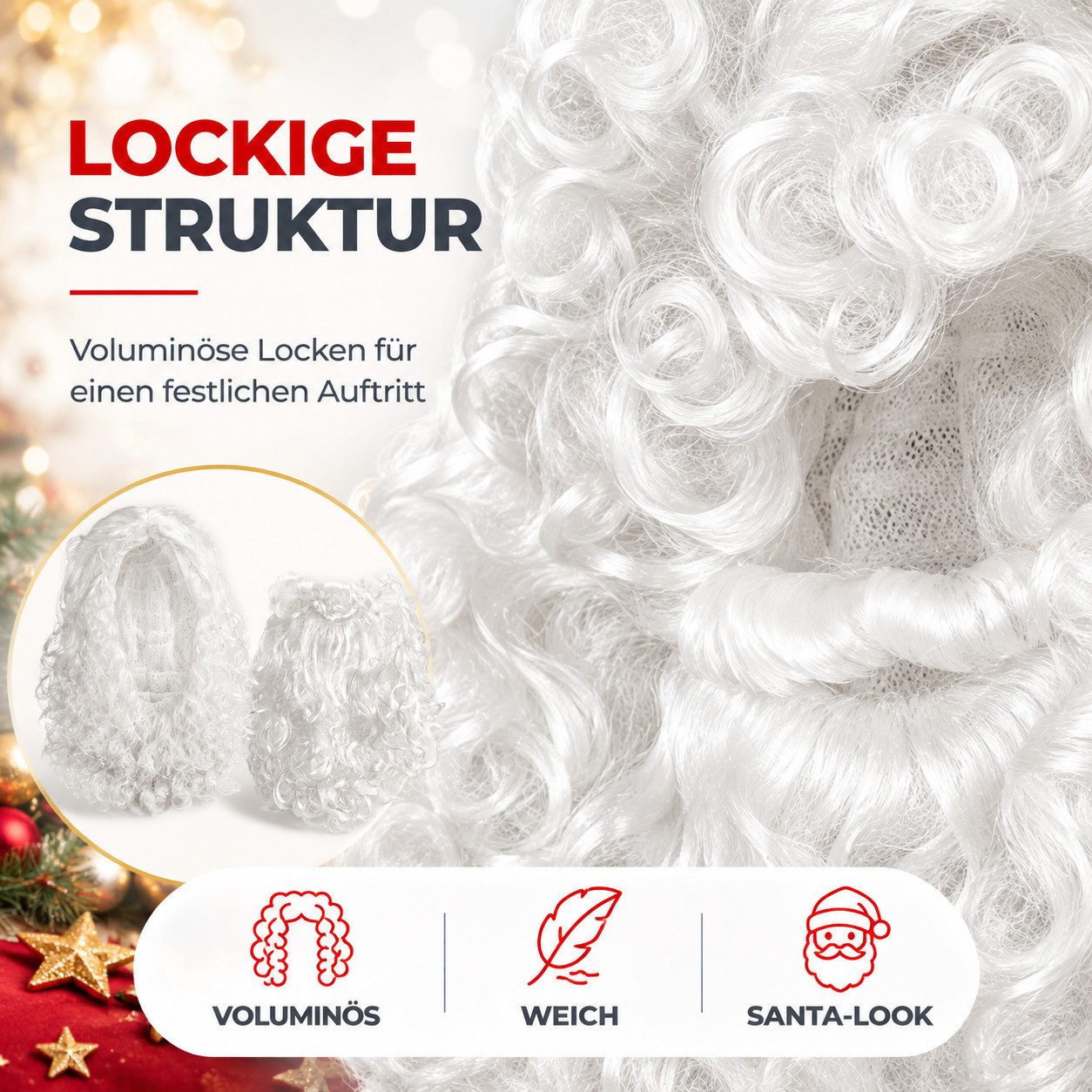 MerryXmas Kostüm-Perücke 2 in 1 - Nikolausbart Set mit Perücke - Weihnachtsmannbart