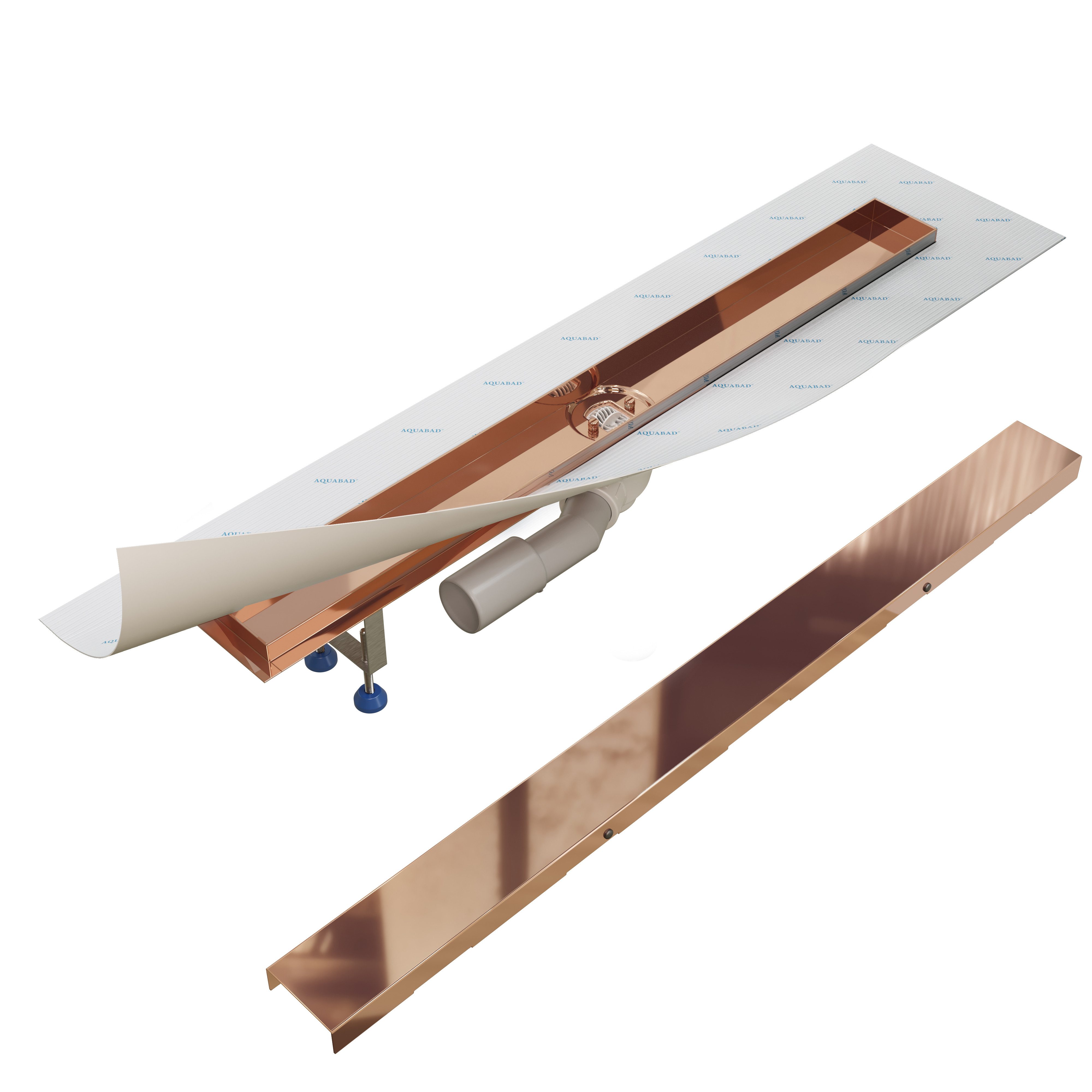 Aquabad® Duschrinne Edelstahl Hochglanz PVD Beschichtet, Viega Ablauf, Komplett-Set, Farbe: Roségold