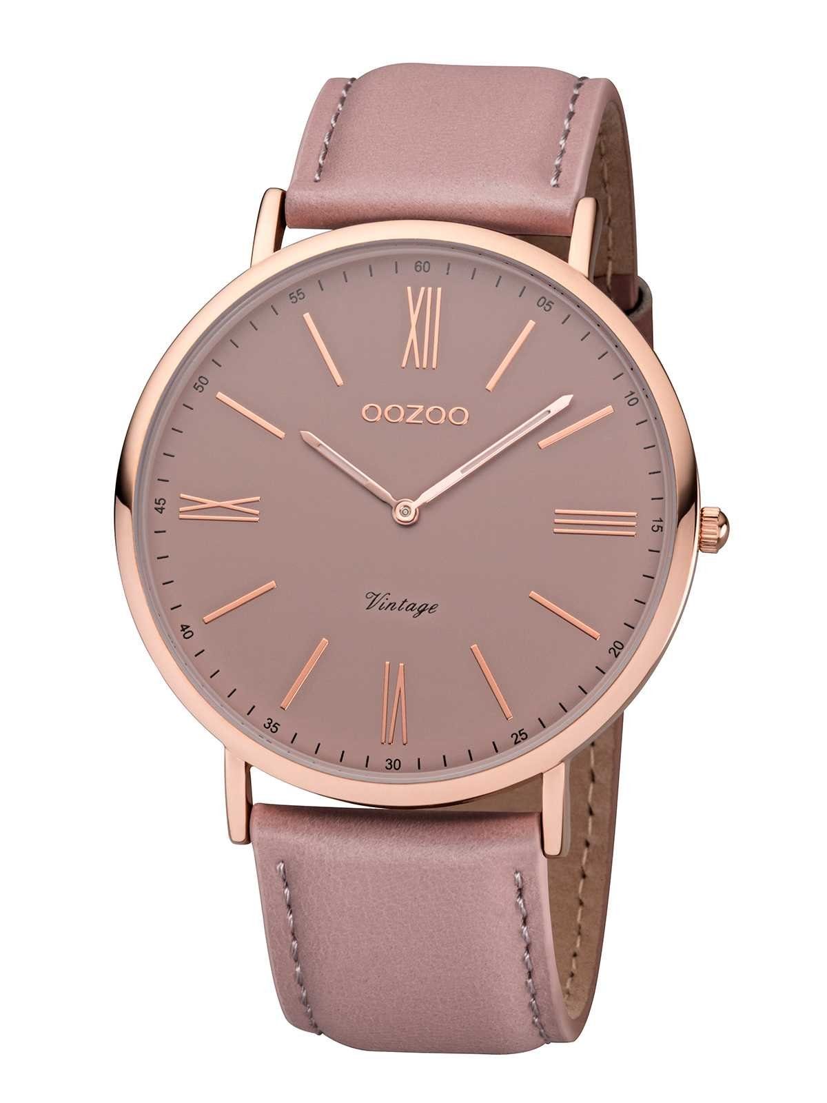 OOZOO Quarzuhr Ultra Slim Vintage Lederband 44 Rosagrau mm Rose Armbanduhr C7342