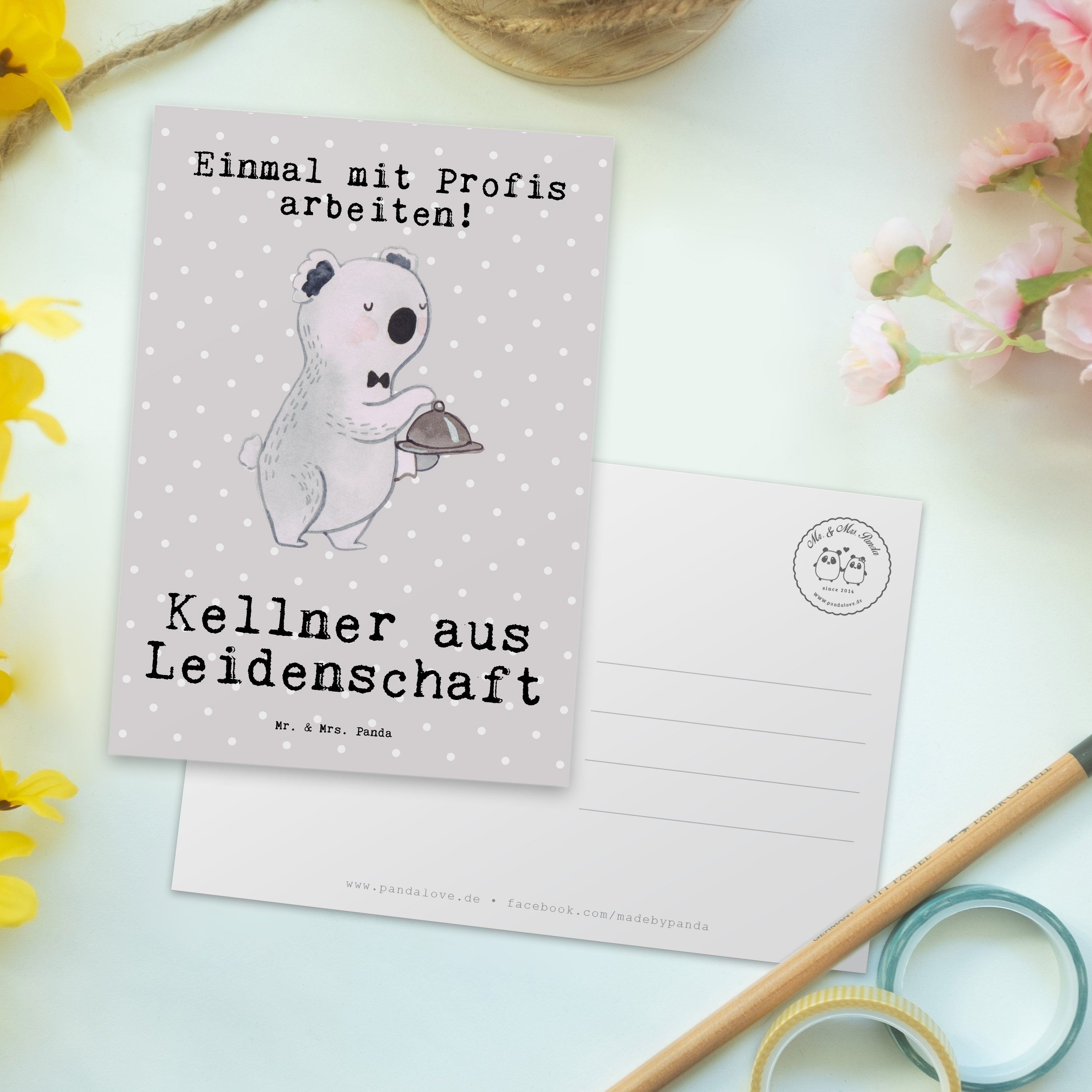 aus Leidenschaft & Grau - Postkarte - Pastell Geschenk, Geburtstagskarte Kellner Mrs. Mr. Panda