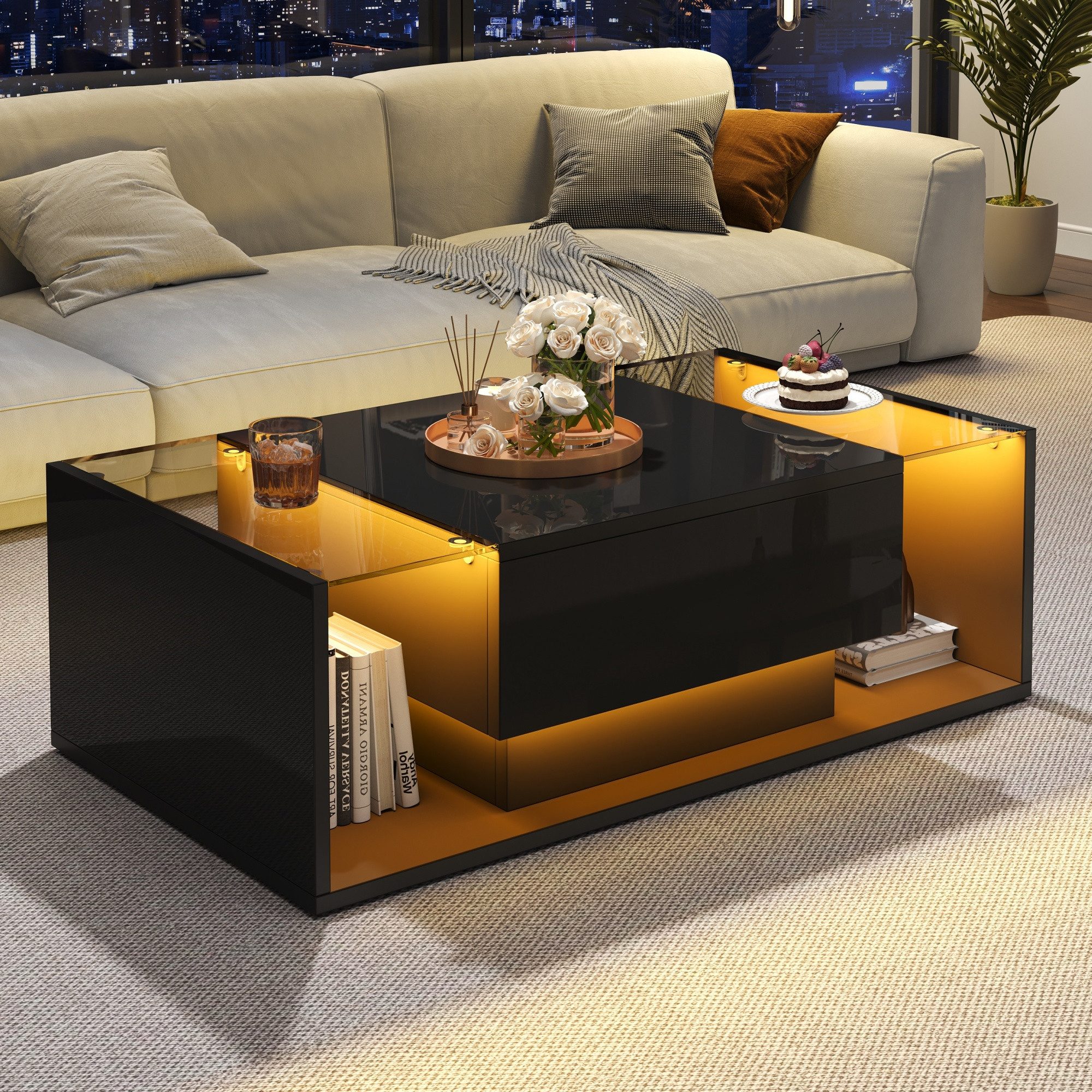 REDOM Couchtisch Hochglanz Beistelltisch Wohnzimmertisch (Satztisch, moderner Kaffeetisch Sofatisch, 1-St., 100x50x31 cm), mit LED Beleuchtung und 1 Schublade