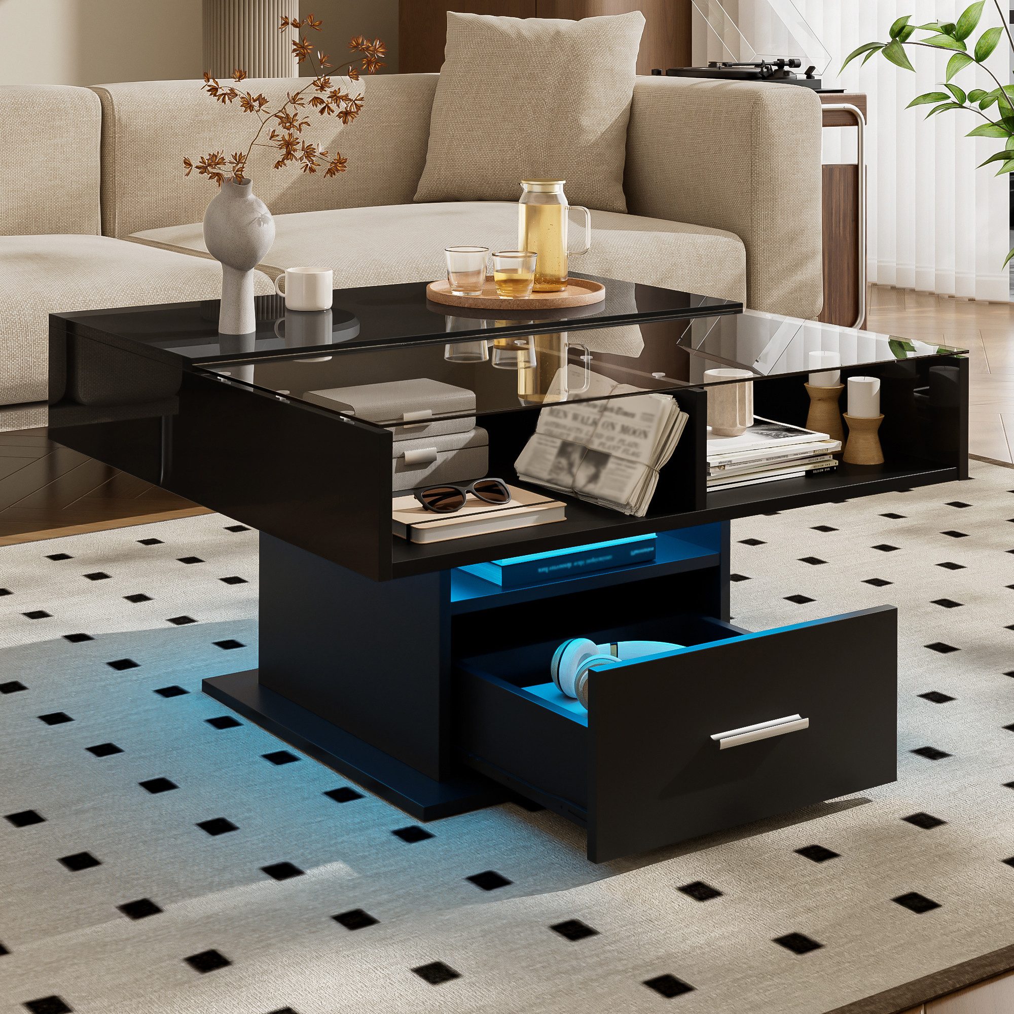 Merax Couchtisch Hochglanz-Lift-Sofatisch Beistelltisch mit LED-Beleuchtung günstig online kaufen