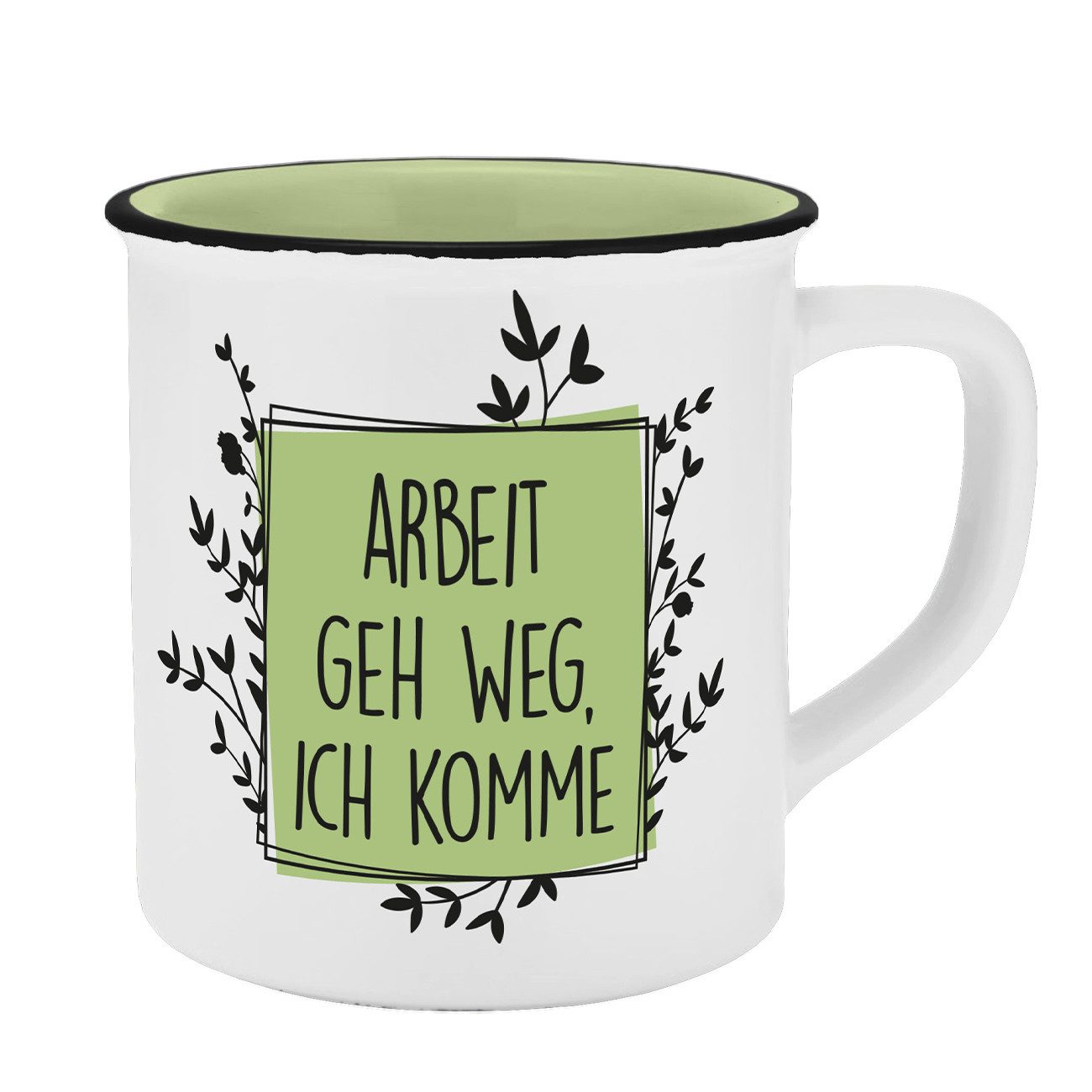 Geda Labels GmbH Tasse Arbeit geh weg, Keramik, Grün, 400ml, spülmaschinengeeignet