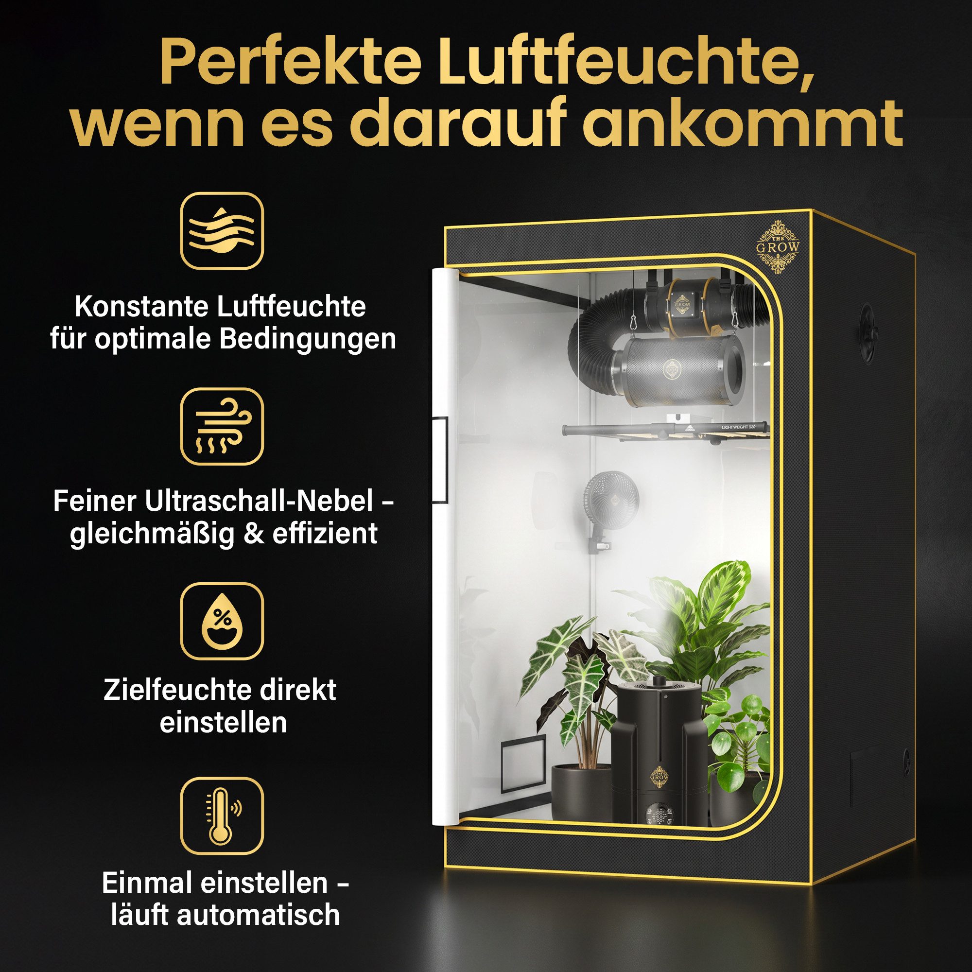 THE GROW Luftbefeuchter Nebel PRO 6L Ultraschall mit Sensor und Schlauch, 6 l Wassertank, Hygrostat, externer Sensor, Schlauch, Timer, Top-Fill, Auto-Stopp
