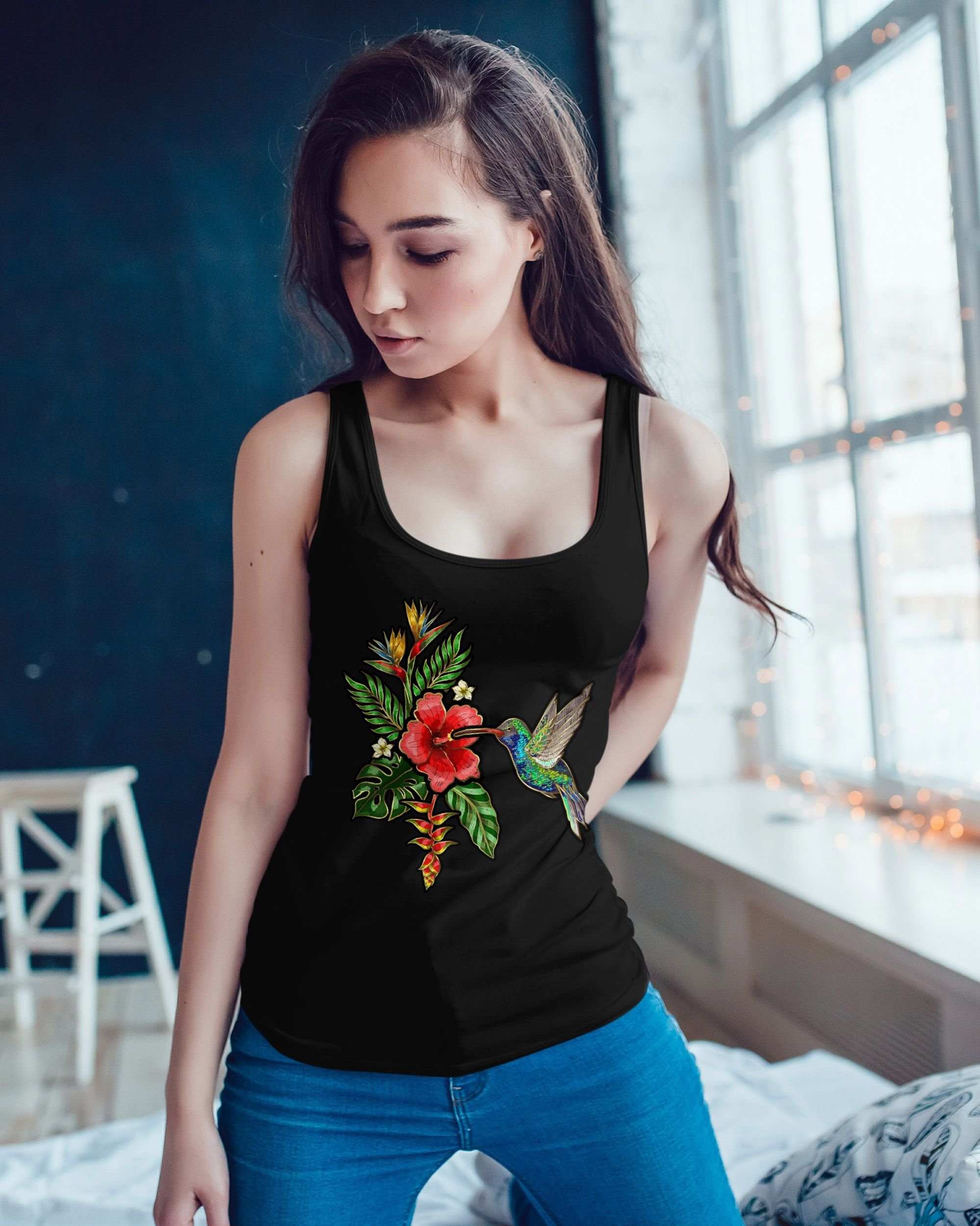 Neverless Tanktop Damen Tank-Top Tropical Kolibri Vogel Palmblätter Sommer günstig online kaufen