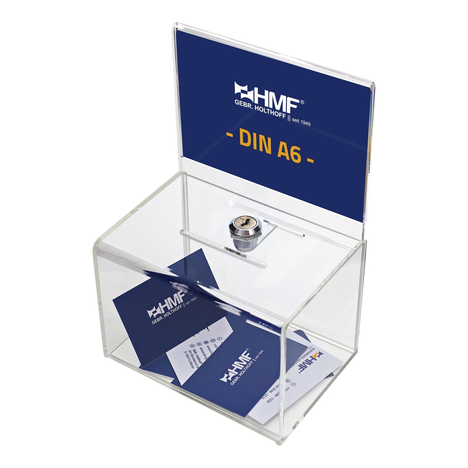 HMF Geldkassette Acryl Spendenbox, abschließbare Box, mit DIN A6 Blatteinschub 15,5 x 11 x 11 cm, transparent